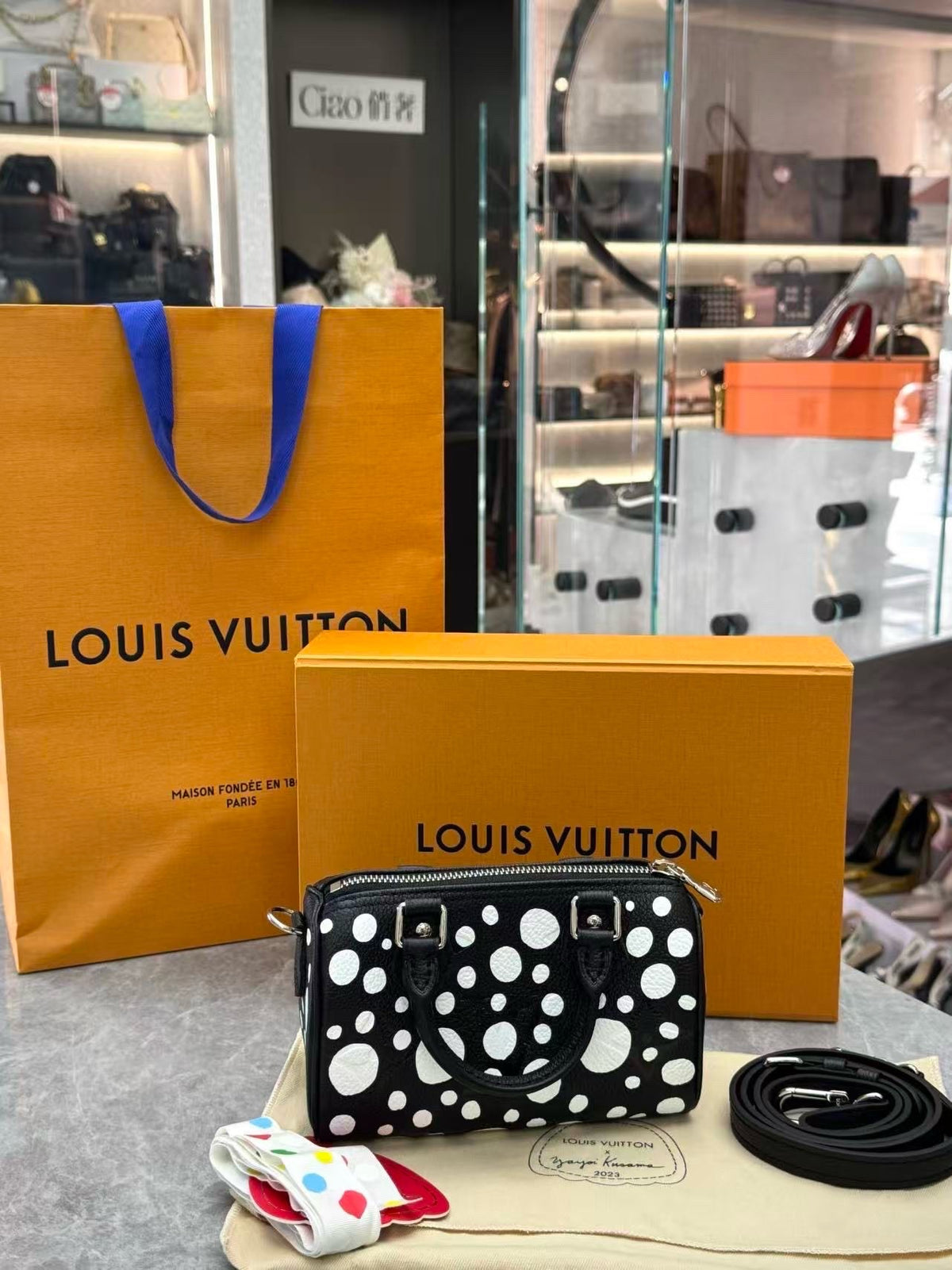 LOUIS VUITTON Speedy Nano – Yayoi Kusama Black Calfskin with White Dots, Silver Hardware, Brand New