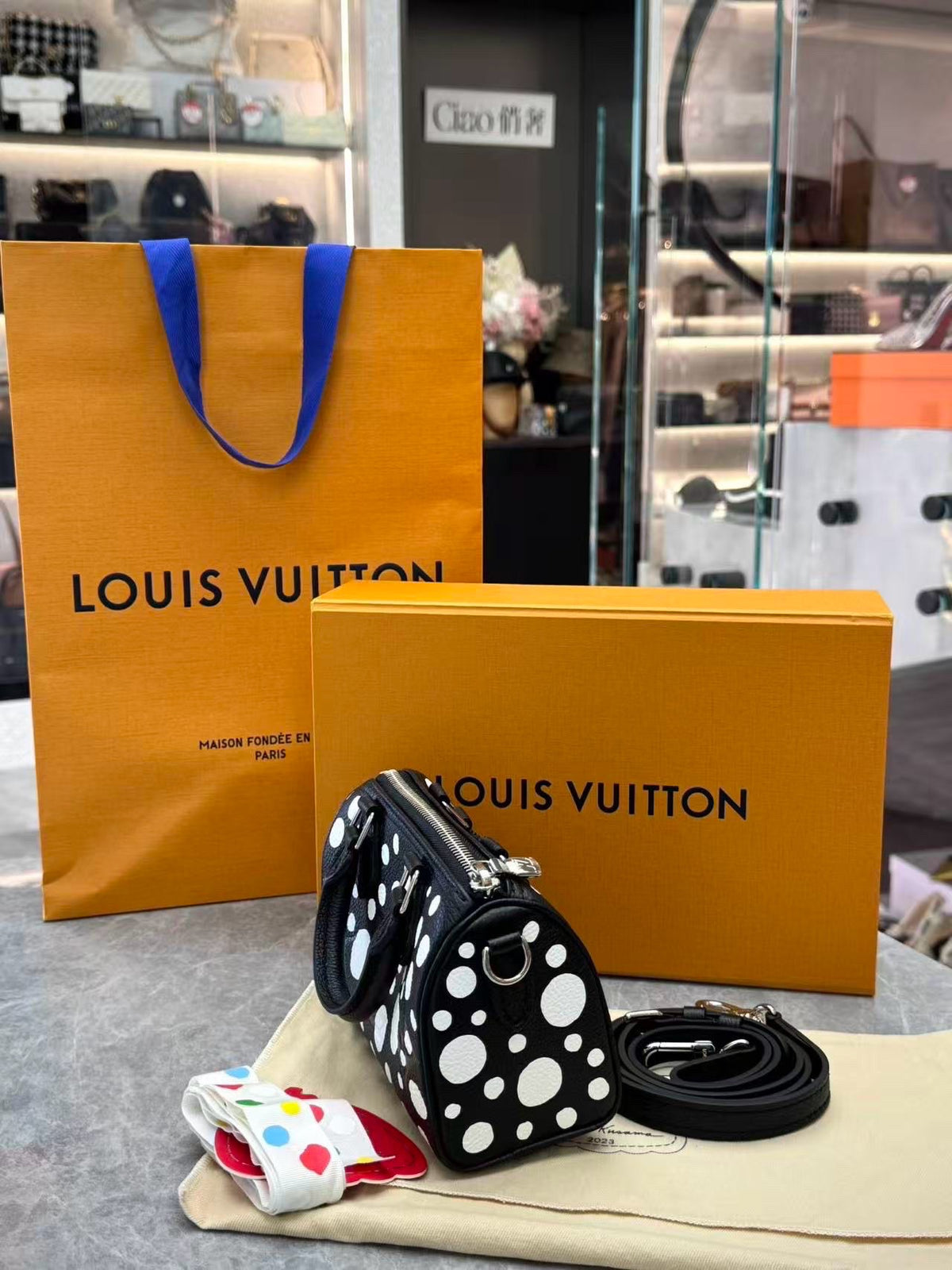 LOUIS VUITTON Speedy Nano – Yayoi Kusama Black Calfskin with White Dots, Silver Hardware, Brand New