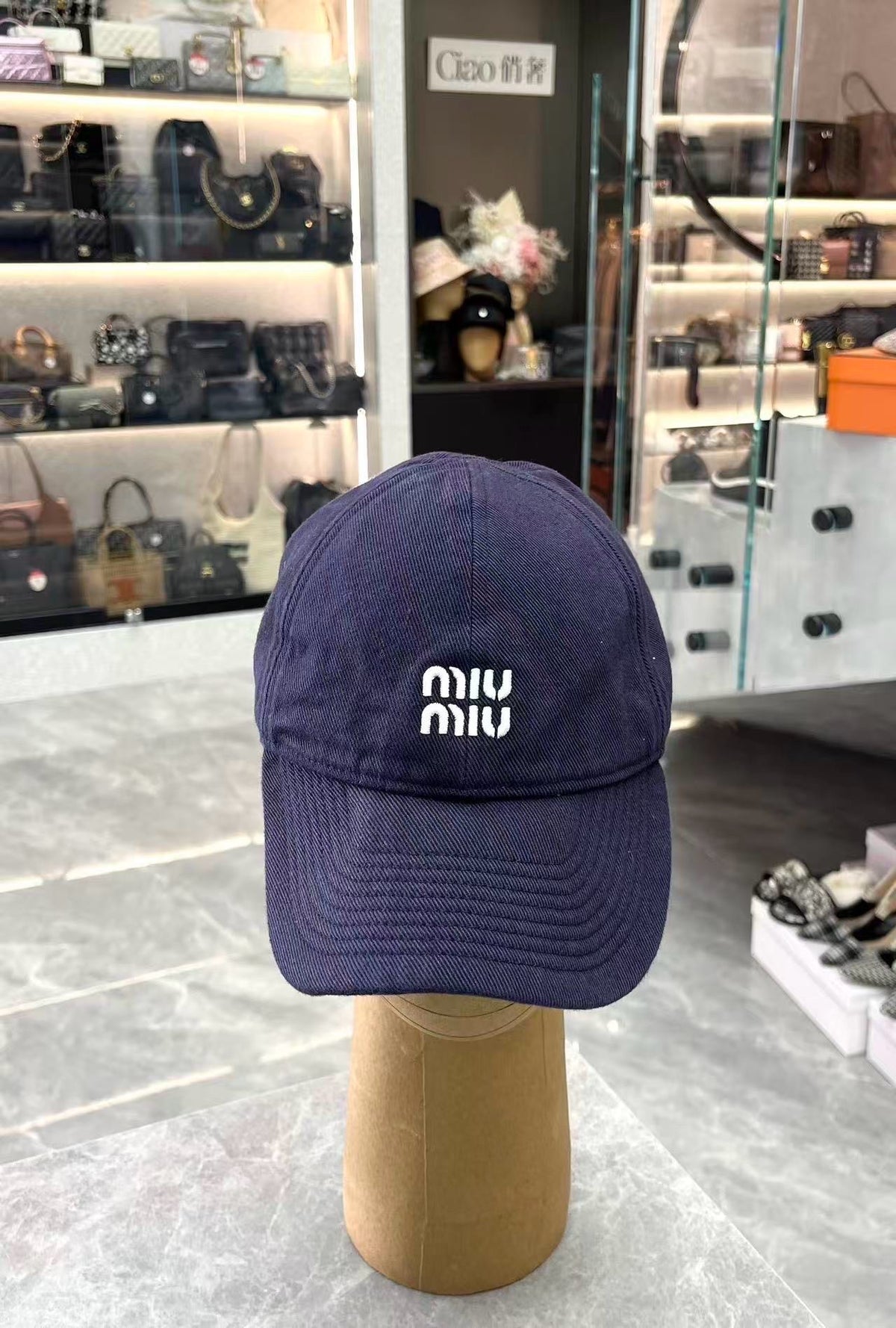 MIU MIU Logo Baseball Cap – Navy Blue, White Logo, Red Drawstring, Size L, Brand New
