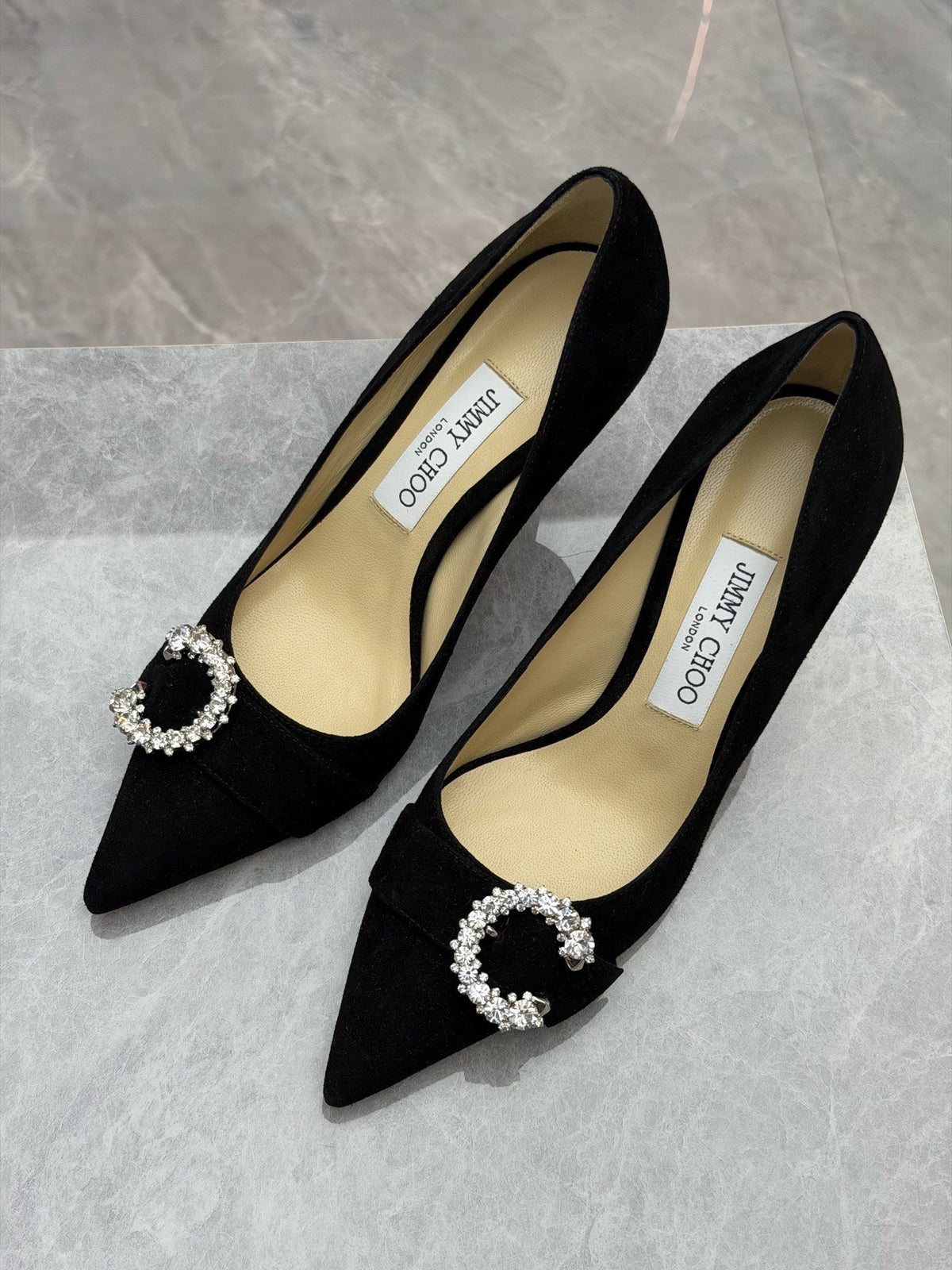 JIMMY CHOO Love Crystal Pumps – Black Suede, Pointed Toe, EU 37, Good Pre-Owned