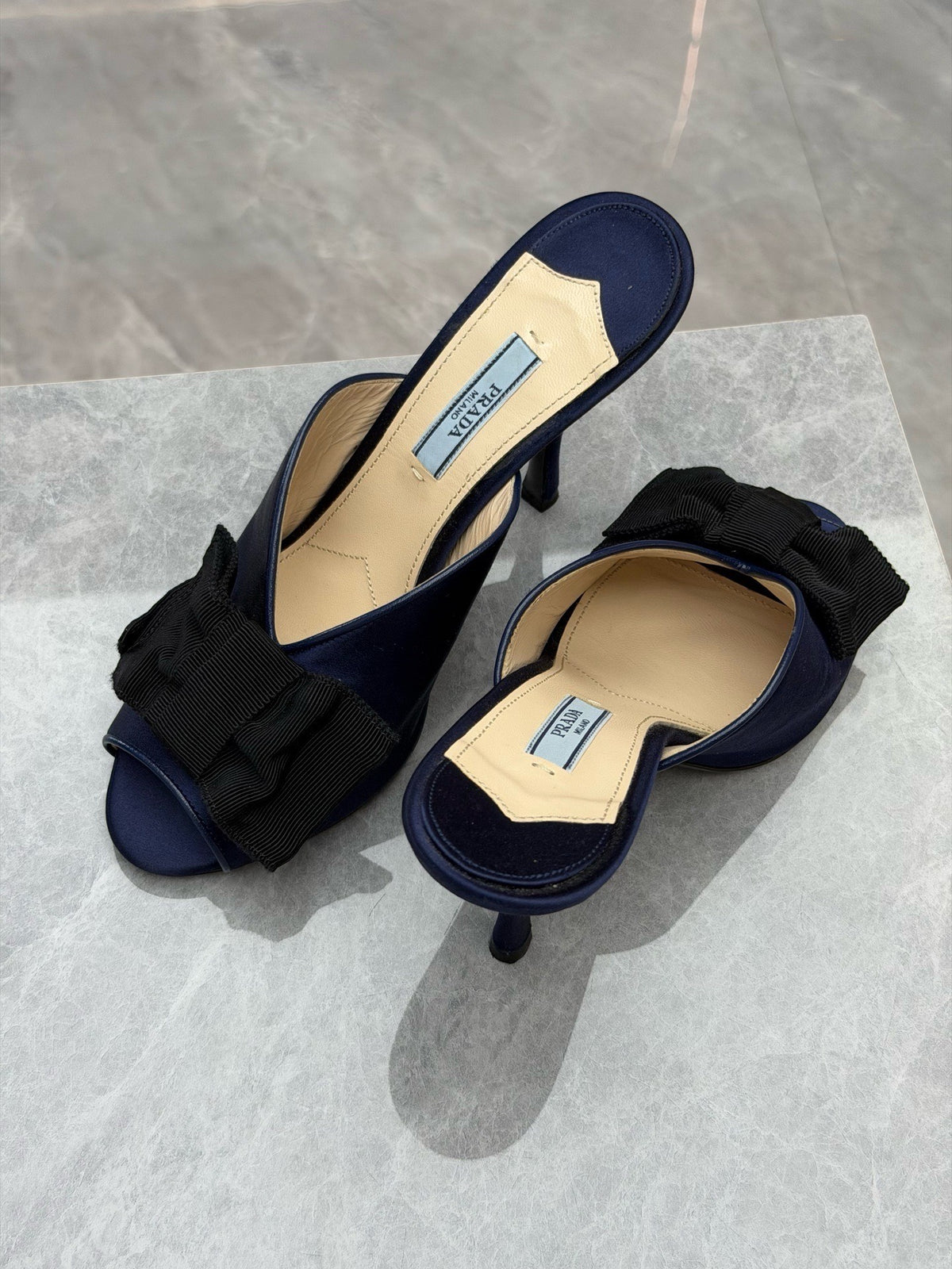 PRADA Bow Mule Pumps – Navy Satin with Black Grosgrain Bow, Open Toe, EU 37, Good Pre-Owned