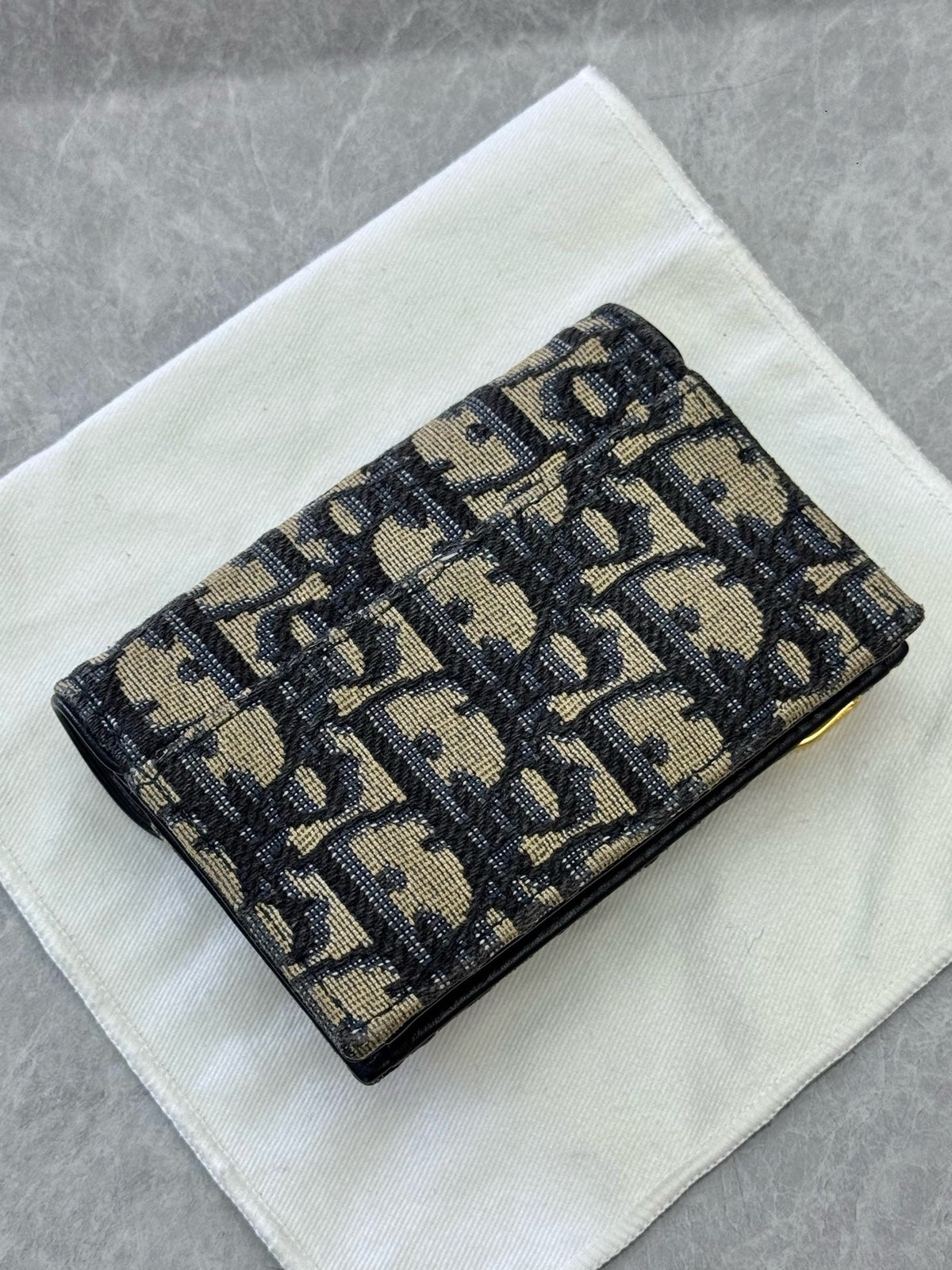 CHRISTIAN DIOR Saddle Card Holder – Beige and Black Dior Oblique Canvas, Gold D Charm, Good Pre-Owned