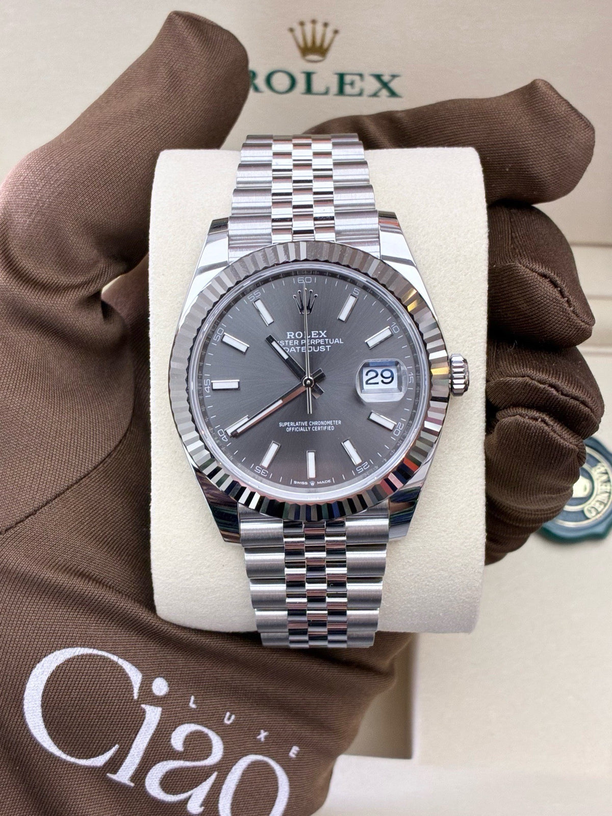 ROLEX Datejust 41 – Reference 126334-0014, Slate Grey Dial, Fluted White Gold Bezel, Jubilee Bracelet, 41 mm, Brand New