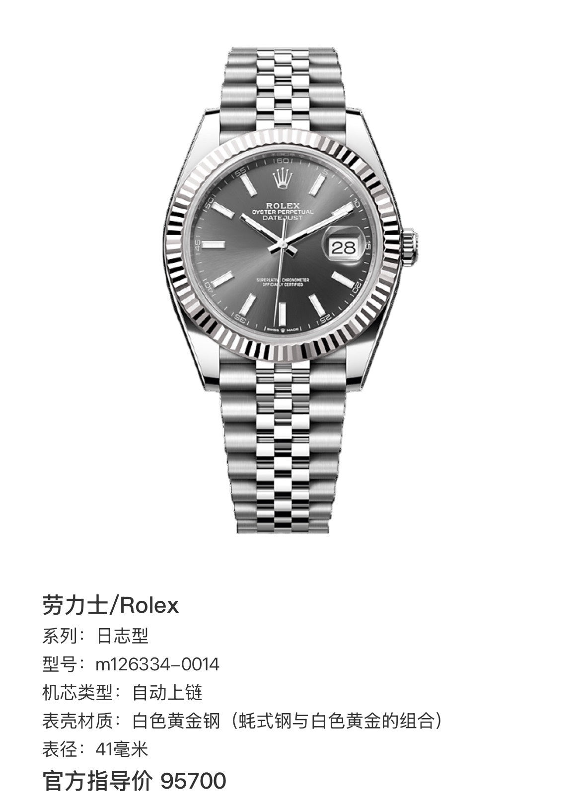 ROLEX Datejust 41 – Reference 126334-0014, Slate Grey Dial, Fluted White Gold Bezel, Jubilee Bracelet, 41 mm, Brand New