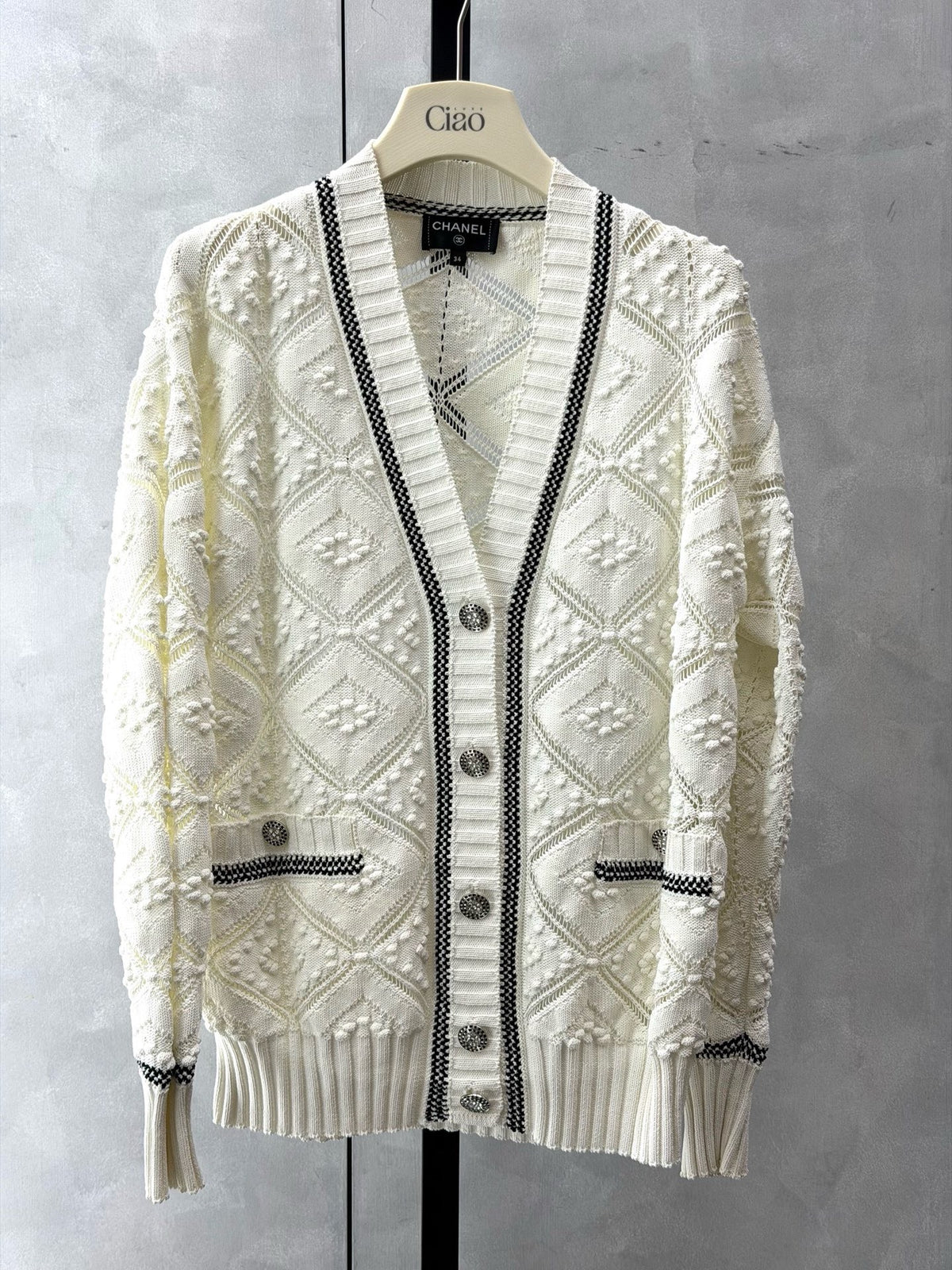 CHANEL 23C Knit Cardigan – White Pointelle Knit with Crystal CC Buttons, Size 34, Good Pre-Owned
