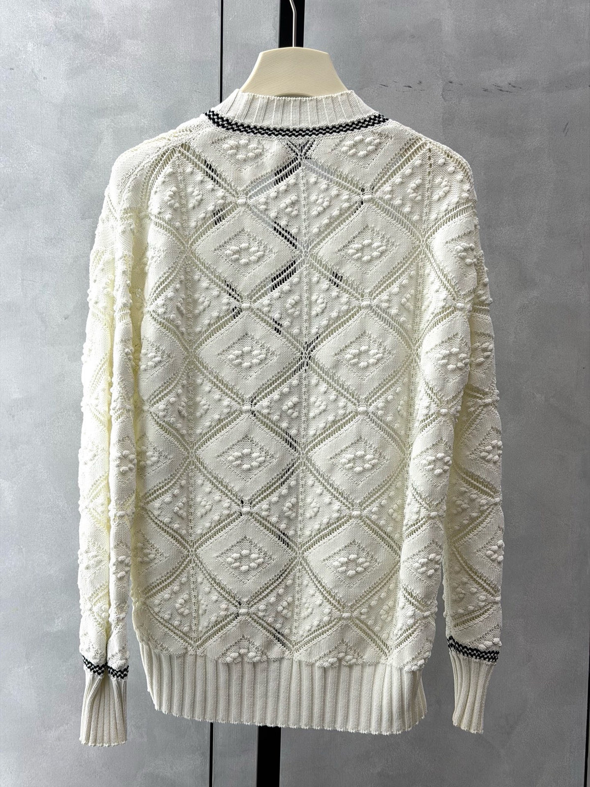 CHANEL 23C Knit Cardigan – White Pointelle Knit with Crystal CC Buttons, Size 34, Good Pre-Owned