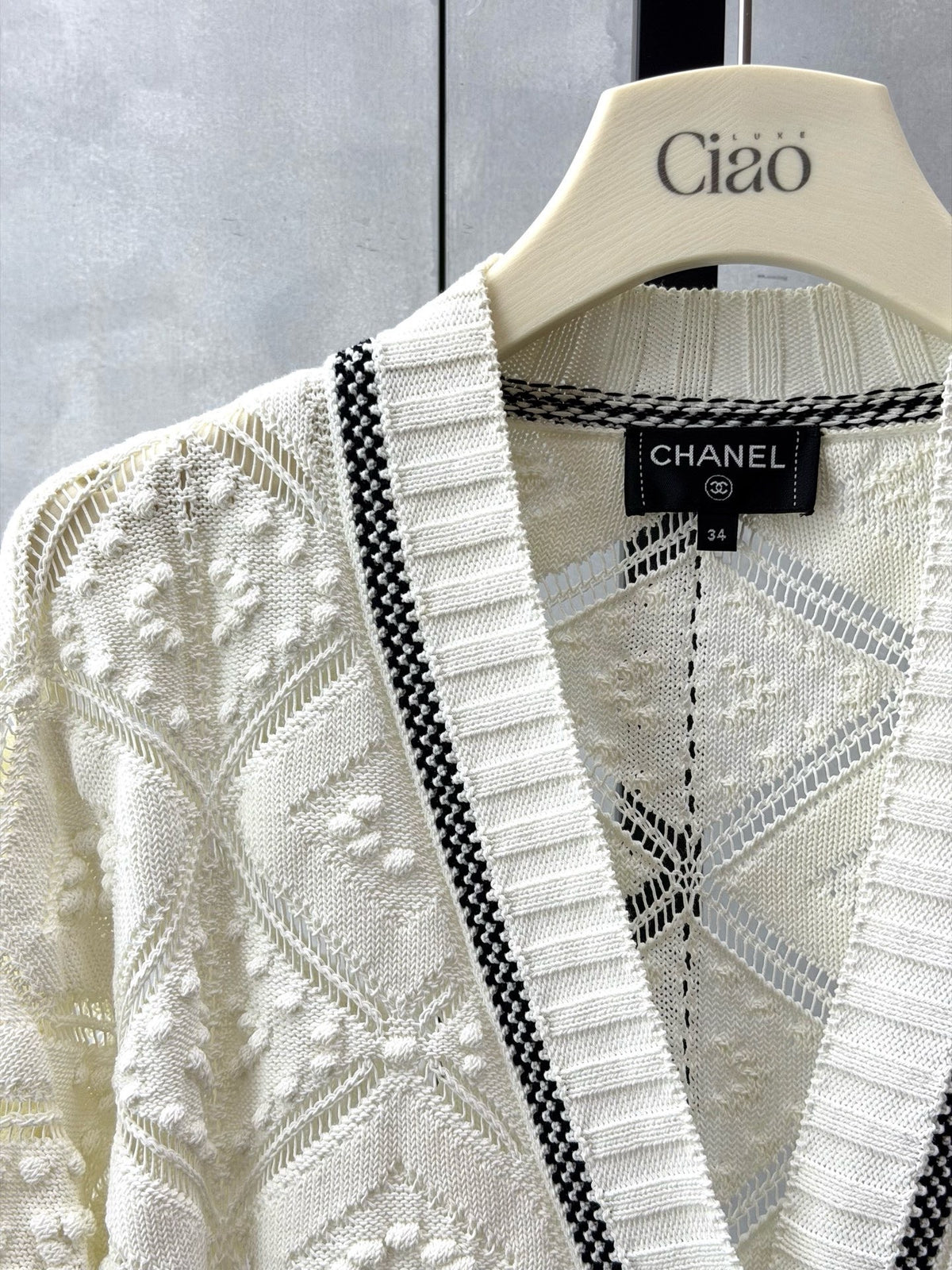 CHANEL 23C Knit Cardigan – White Pointelle Knit with Crystal CC Buttons, Size 34, Good Pre-Owned