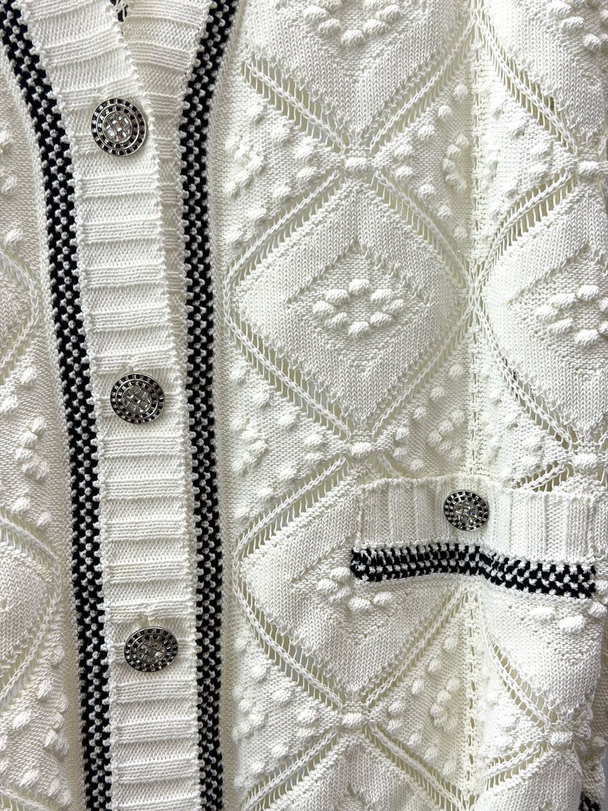 CHANEL 23C Knit Cardigan – White Pointelle Knit with Crystal CC Buttons, Size 34, Good Pre-Owned