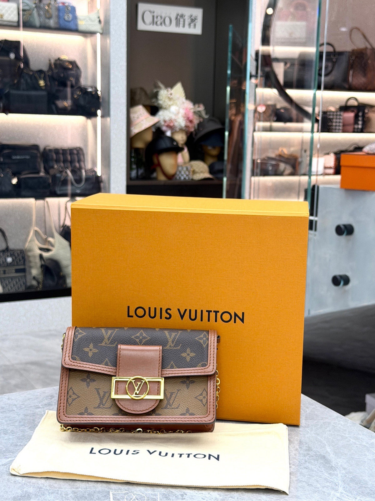 LOUIS VUITTON Dauphine – Monogram and Monogram Reverse Canvas with Gold LV Circle Clasp, Very Good Pre-Owned