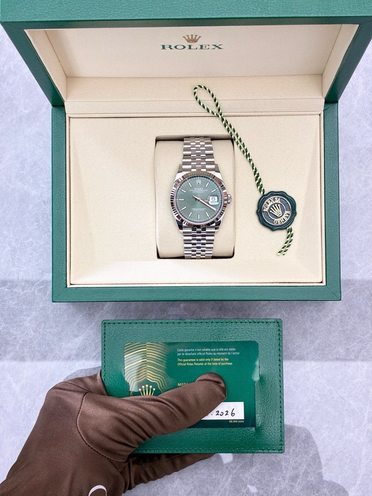 ROLEX Datejust 36 – Reference 126234, Mint Green Dial, Fluted White Gold Bezel, Jubilee Bracelet, 36 mm, Brand New