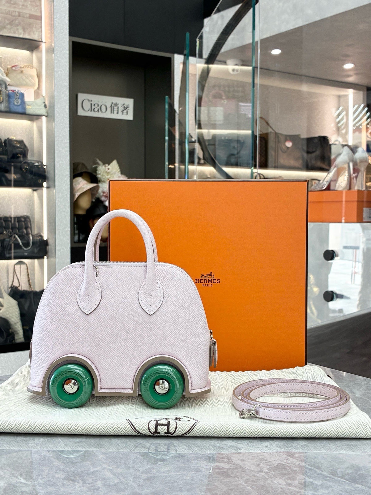 HERMÈS Bolide on Wheels – Pale Lilac Epsom with Green Wheels, Palladium Hardware, W Stamp, Excellent Pre-Owned
