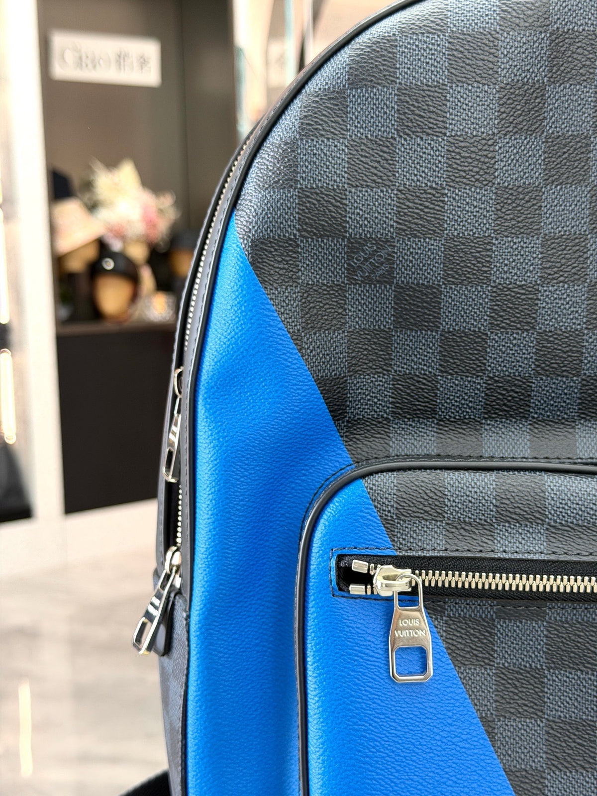 LOUIS VUITTON Josh Backpack – Damier Graphite with Blue and Red Leather Panels, Excellent Pre-Owned