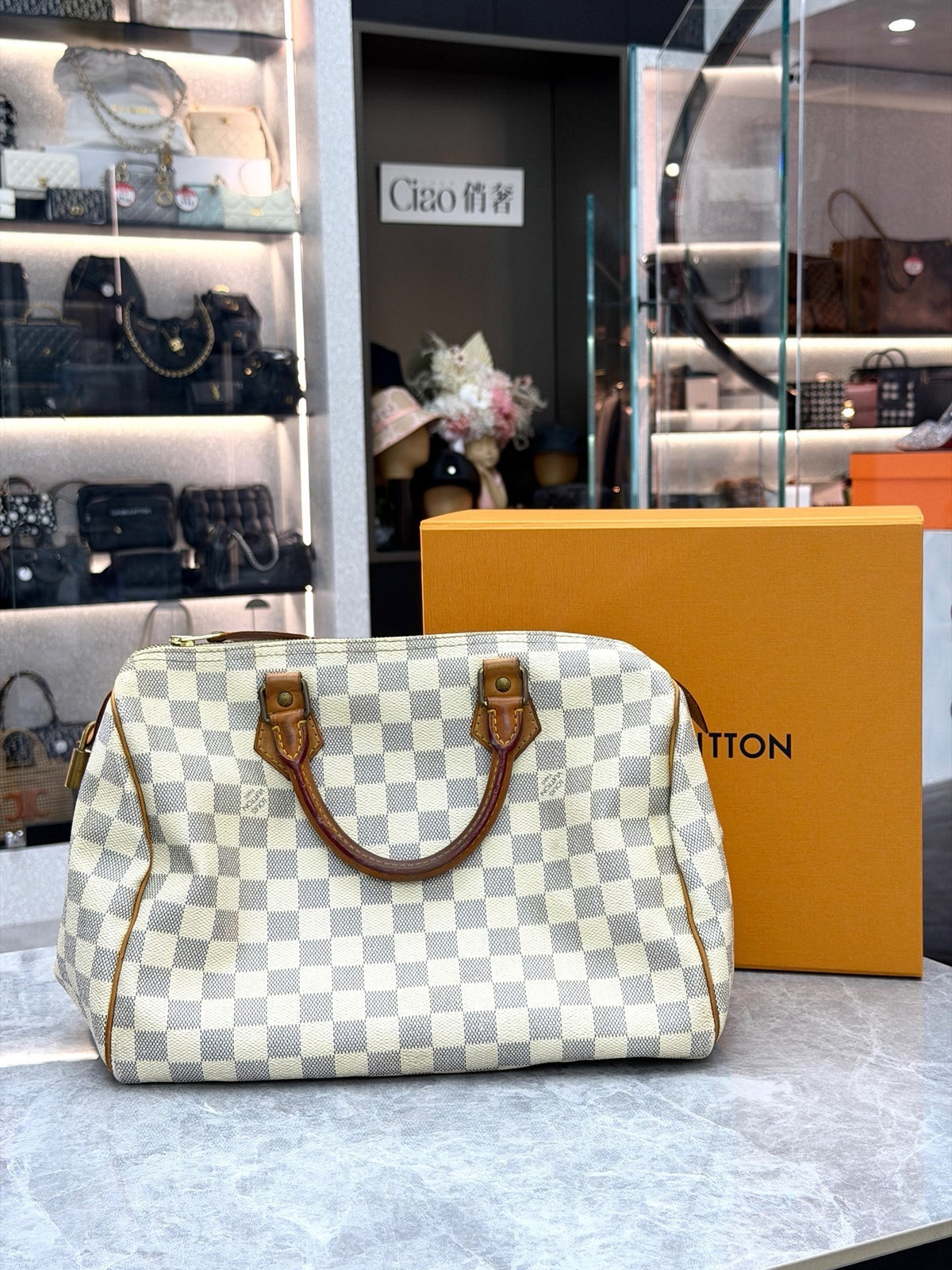 LOUIS VUITTON Speedy 30 – Damier Azur Canvas with Patinated Vachetta Leather, Good Pre-Owned