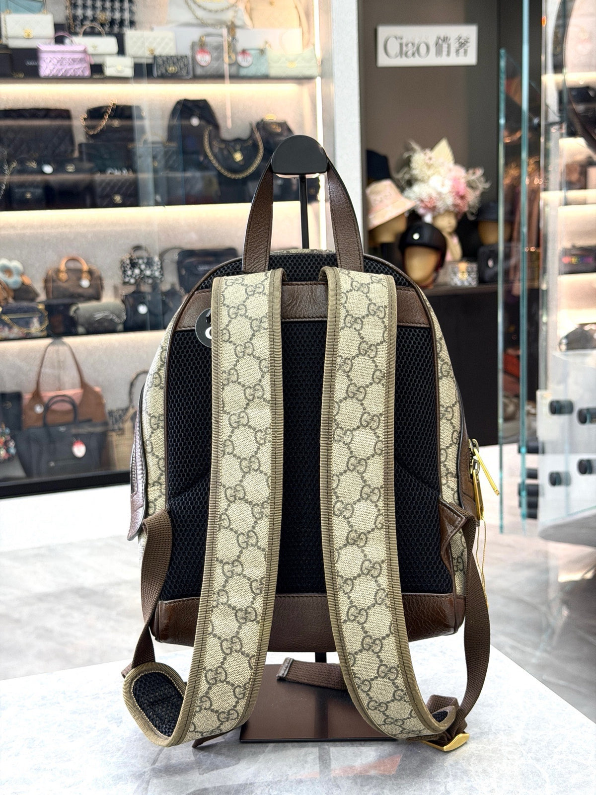 GUCCI Ophidia Backpack – Beige GG Supreme Canvas with Green and Red Web Stripe, Gold Hardware, Good Pre-Owned