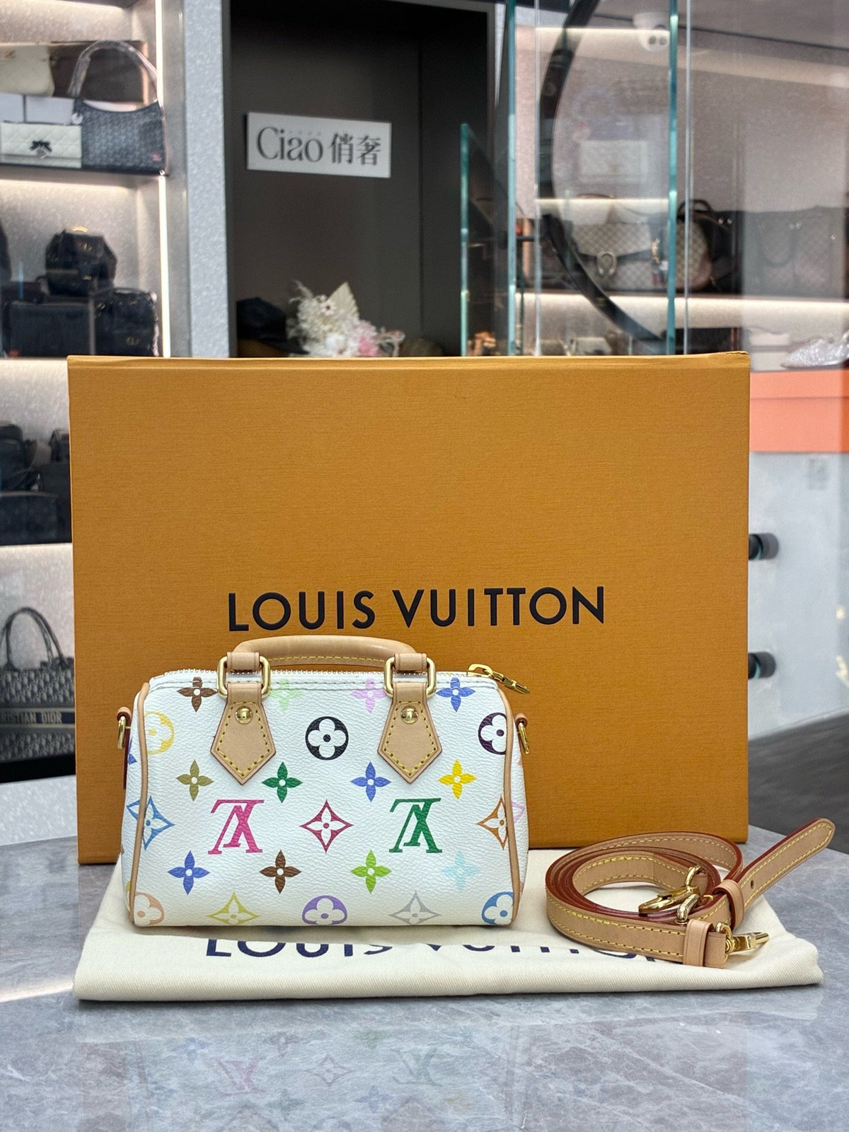 LOUIS VUITTON Nano Speedy – White Multicolor Monogram Canvas, Vachetta Trim, Gold Hardware, Microchip Era, Good Pre-Owned