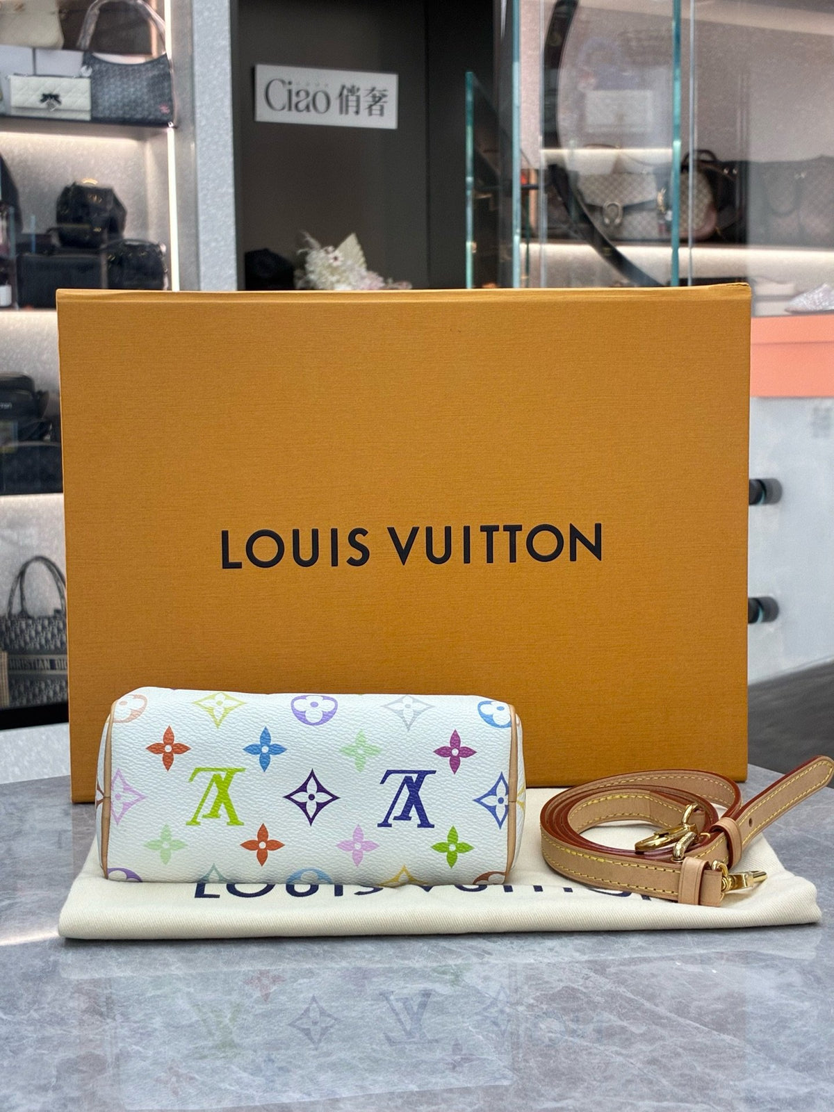 LOUIS VUITTON Nano Speedy – White Multicolor Monogram Canvas, Vachetta Trim, Gold Hardware, Microchip Era, Good Pre-Owned