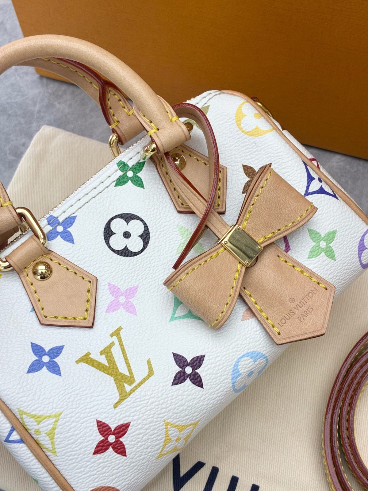 LOUIS VUITTON Nano Speedy – White Multicolor Monogram Canvas, Vachetta Trim, Gold Hardware, Microchip Era, Good Pre-Owned