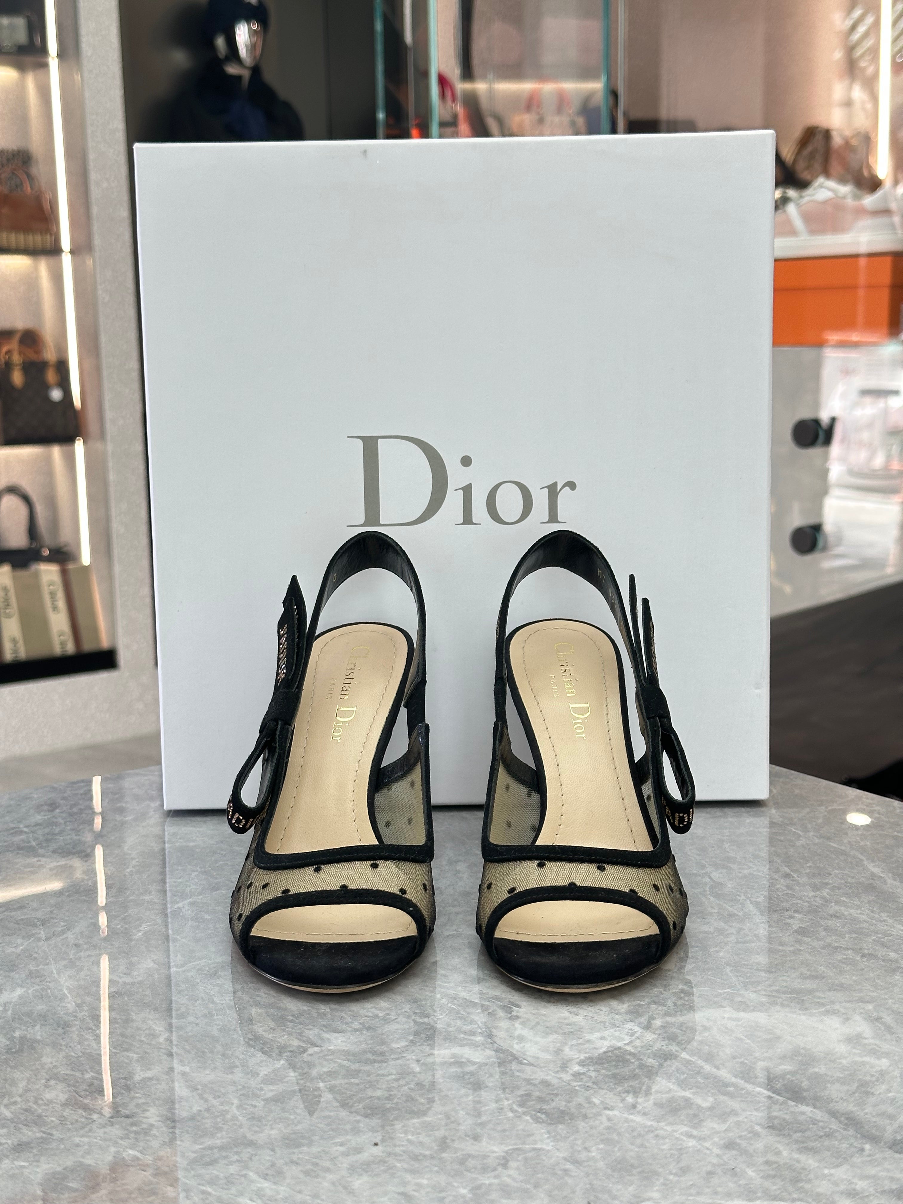 Dior Black Mesh Peep-Toe Pumps with Polka Dots