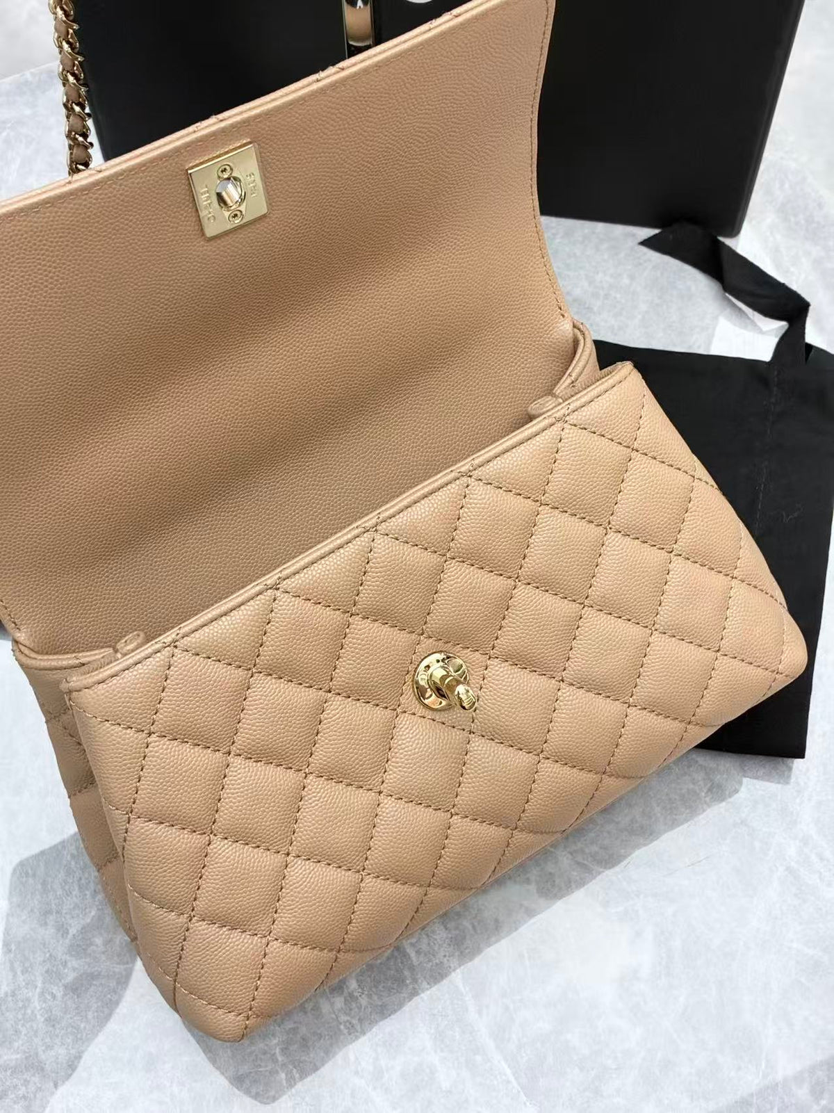CHANEL Coco Handle Small – Milk Tea Quilted Calfskin with Gold-Tone Hardware, 23 x 6 x 14 cm, Microchip Era, 99% New