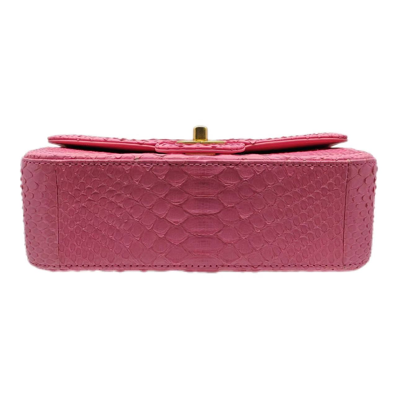CHANEL mini classic Flap Bag Quilted Python Leather GHW (Dark Pink)