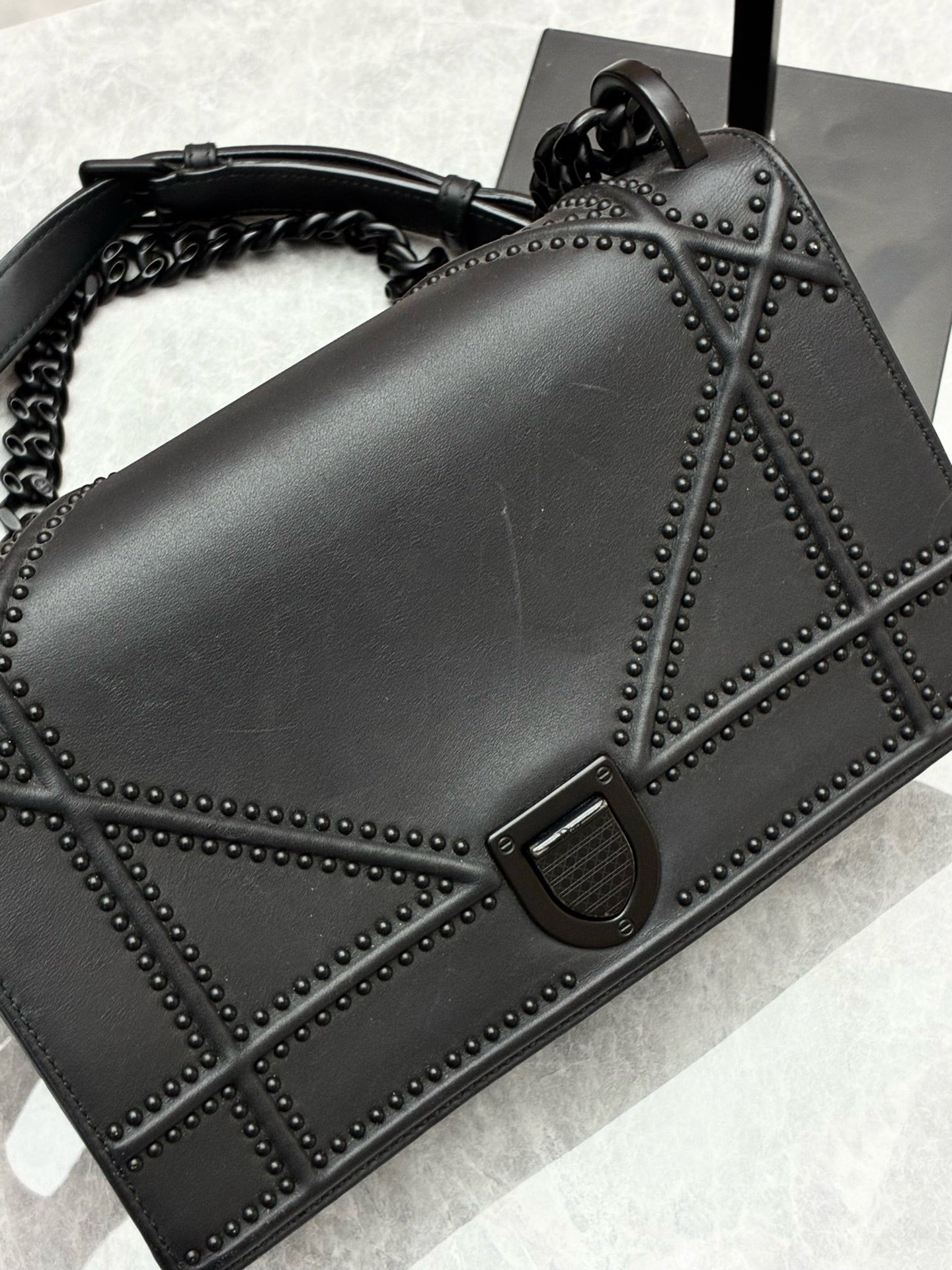Dior Diorama black So Black bag front detail and shield clasp