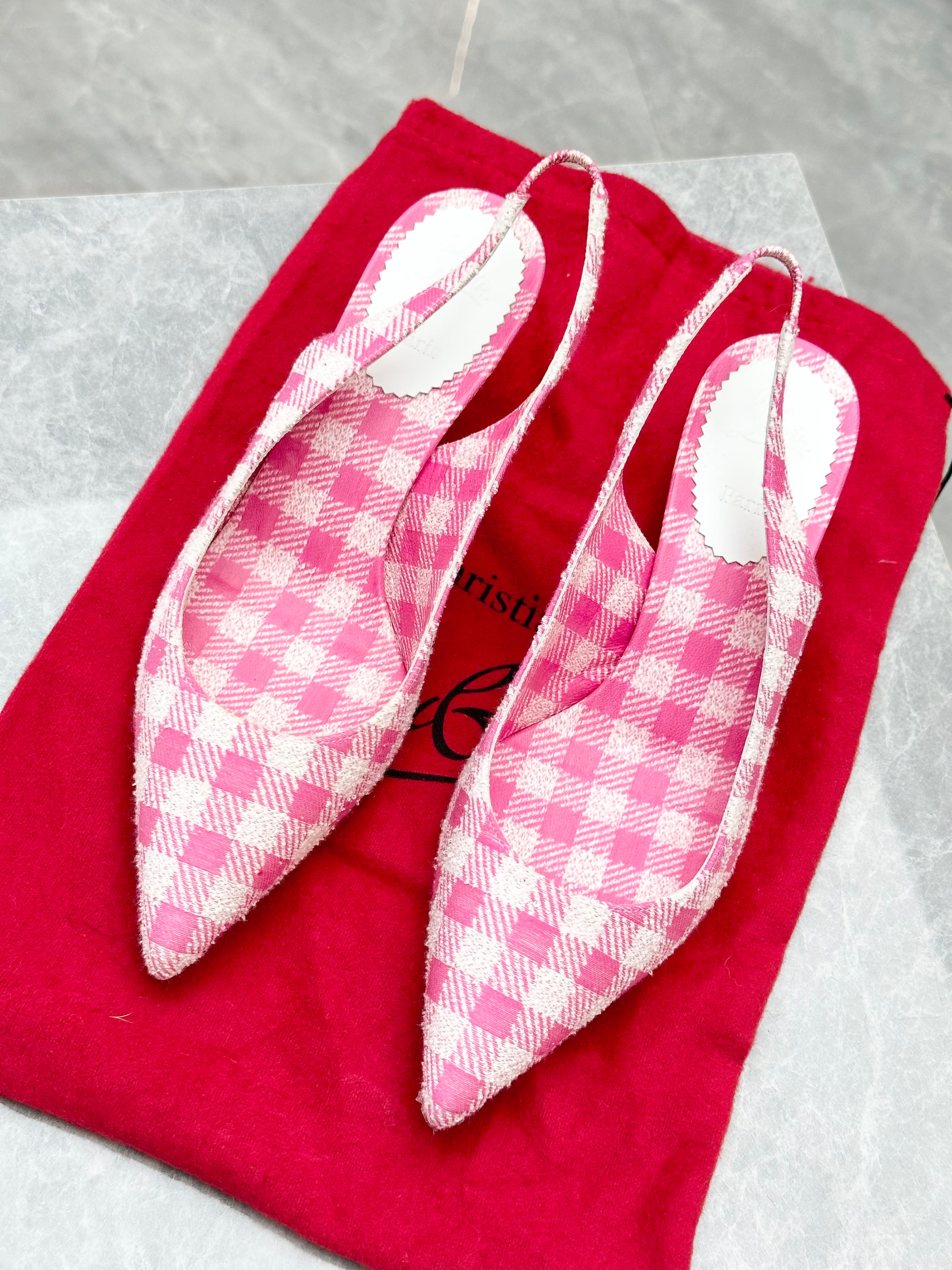 CHRISTIAN LOUBOUTIN Pink/White Gingham Fabric Sling Back Kate 55 Pumps Size 6/36.5