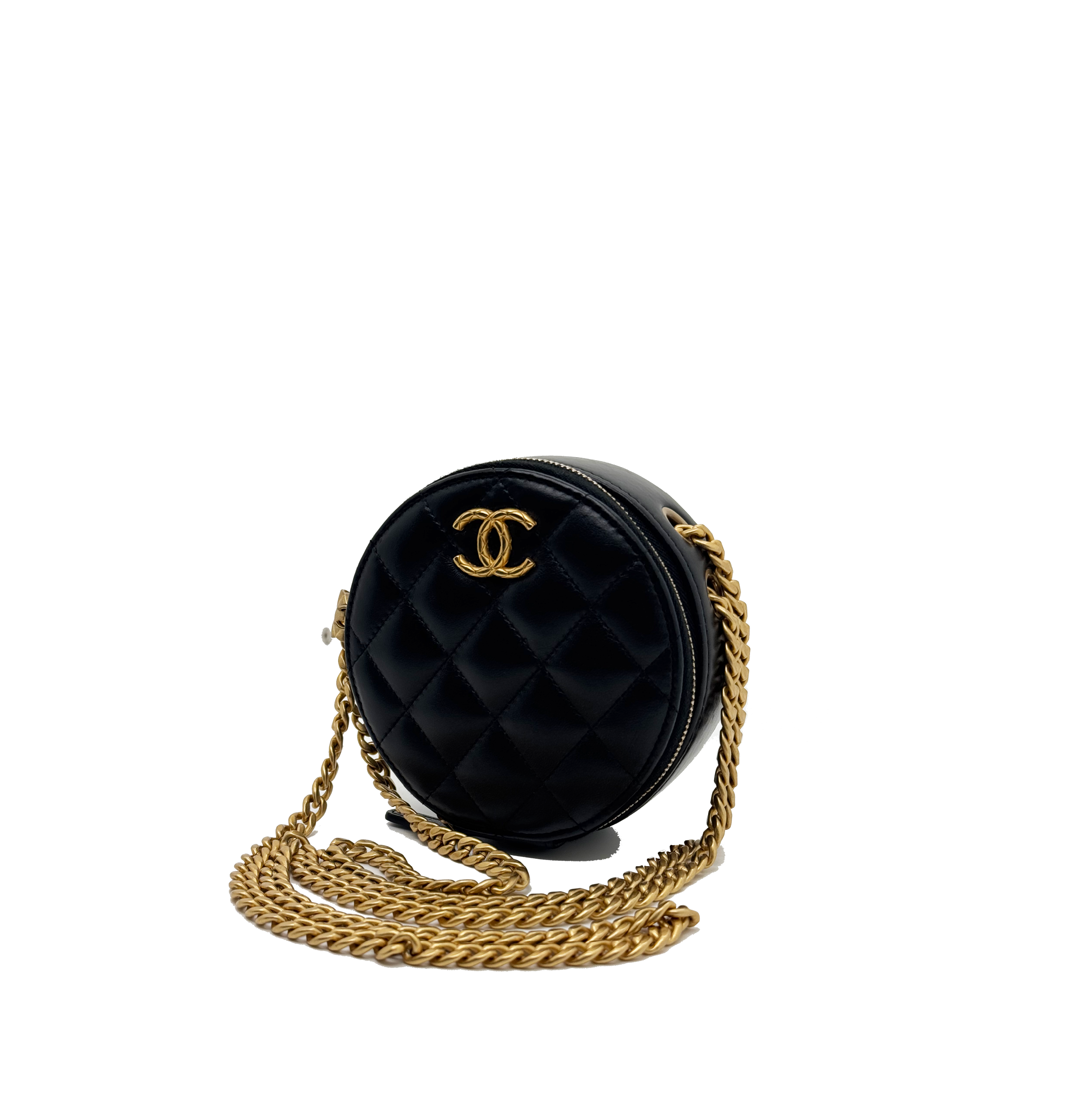 Chanel  Lambskin Quilted Pillow Crush Round Clutch With Chain Black