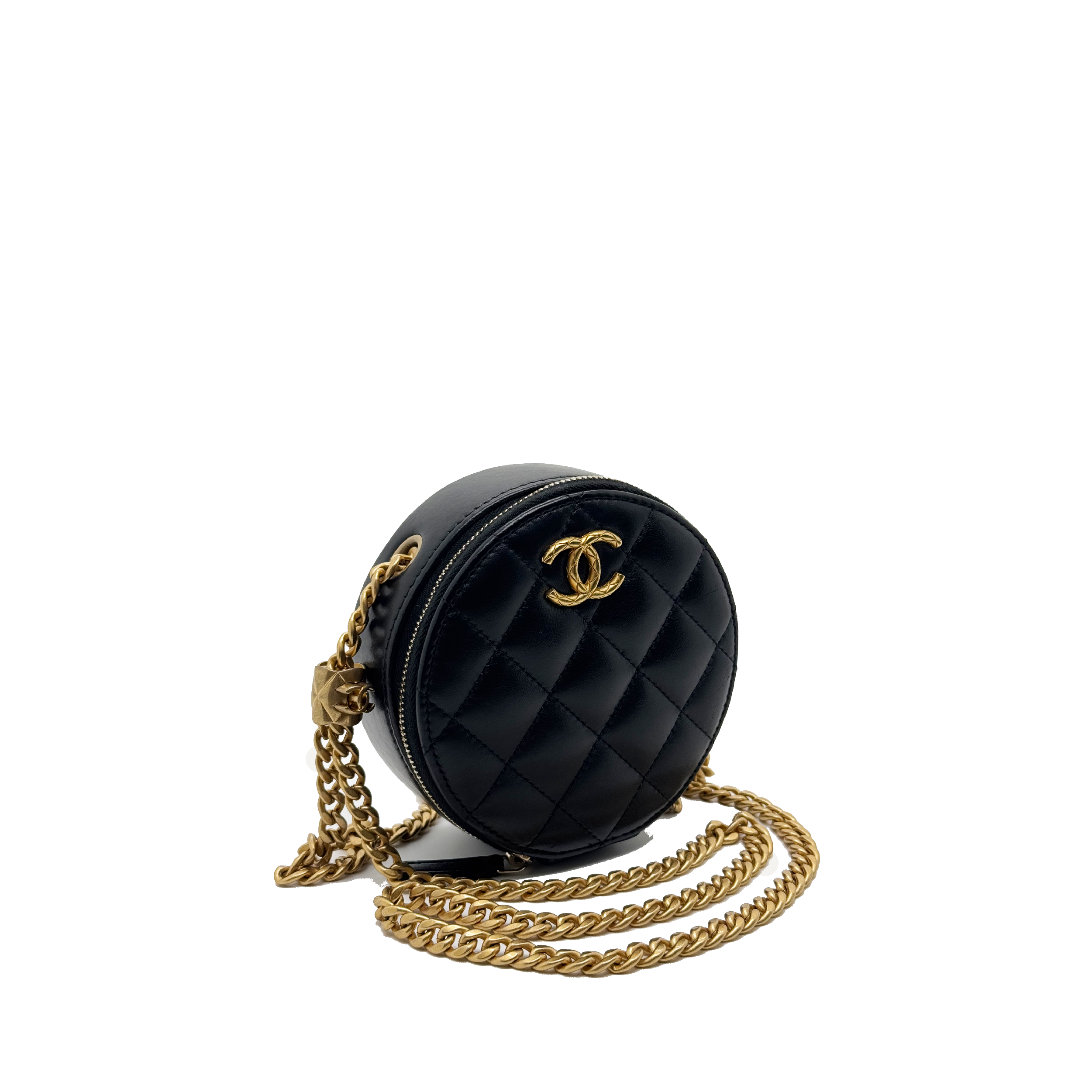Chanel  Lambskin Quilted Pillow Crush Round Clutch With Chain Black