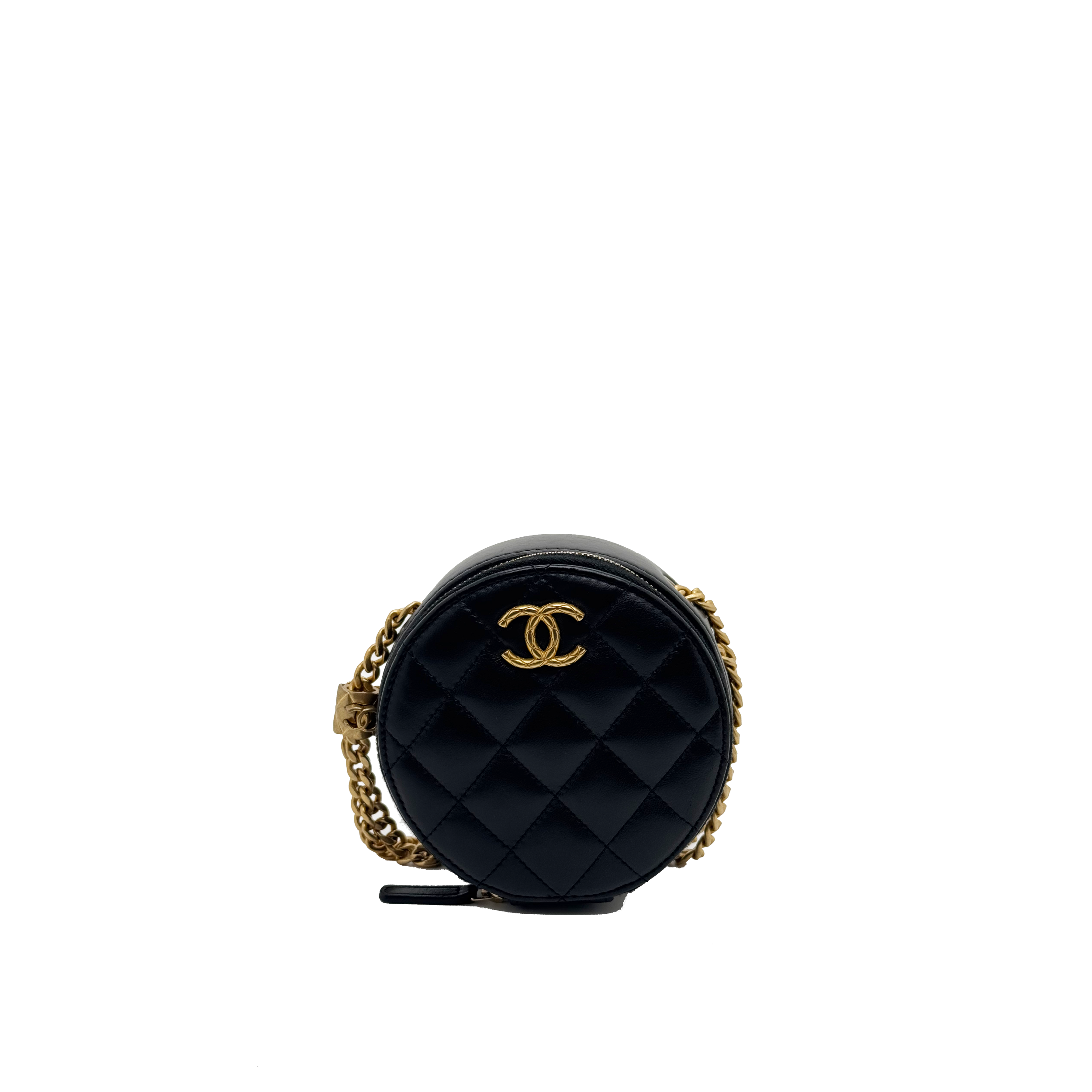 Chanel  Lambskin Quilted Pillow Crush Round Clutch With Chain Black
