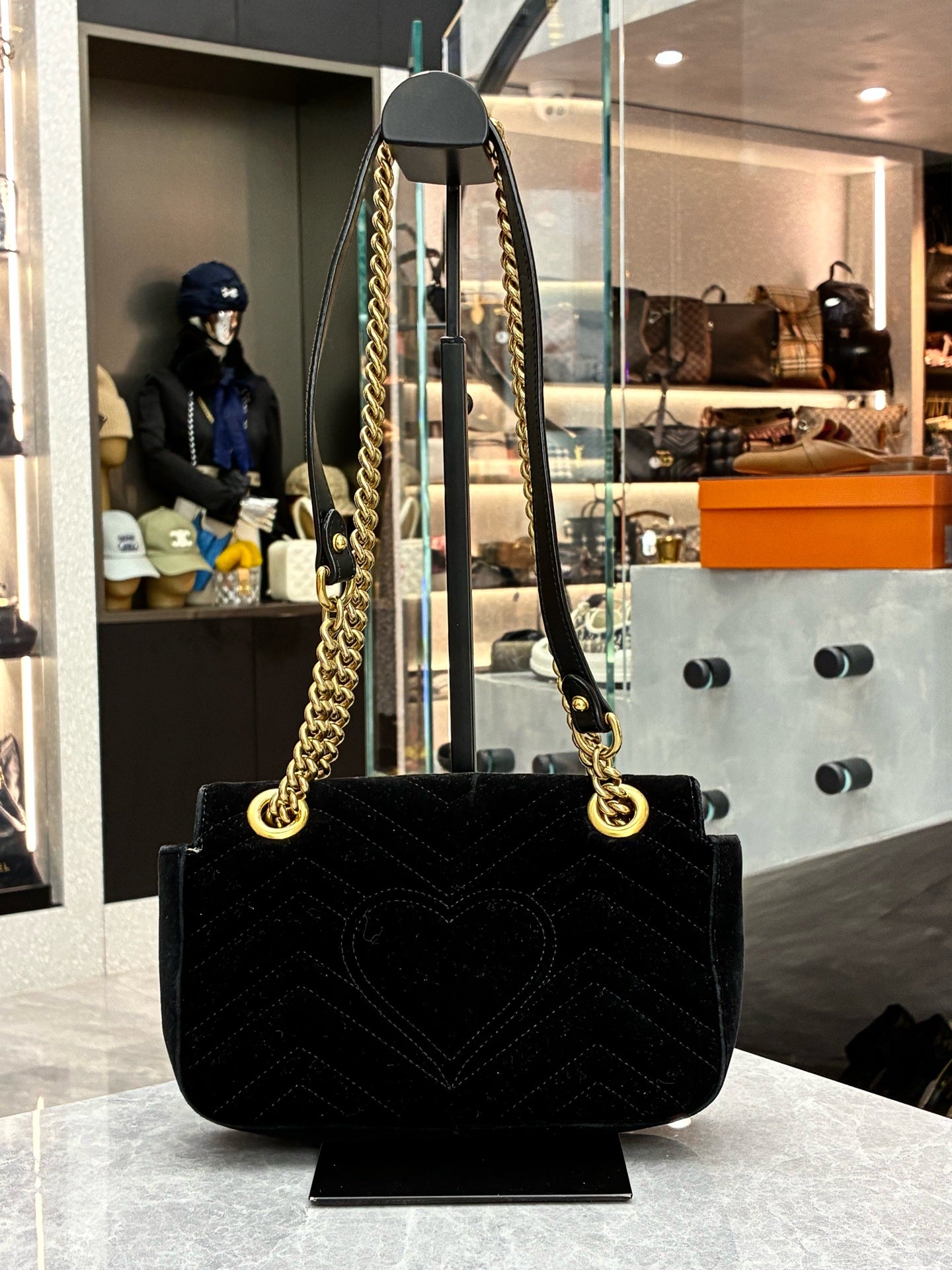 Gucci GG Marmont 22 black velvet chain shoulder bag back view
