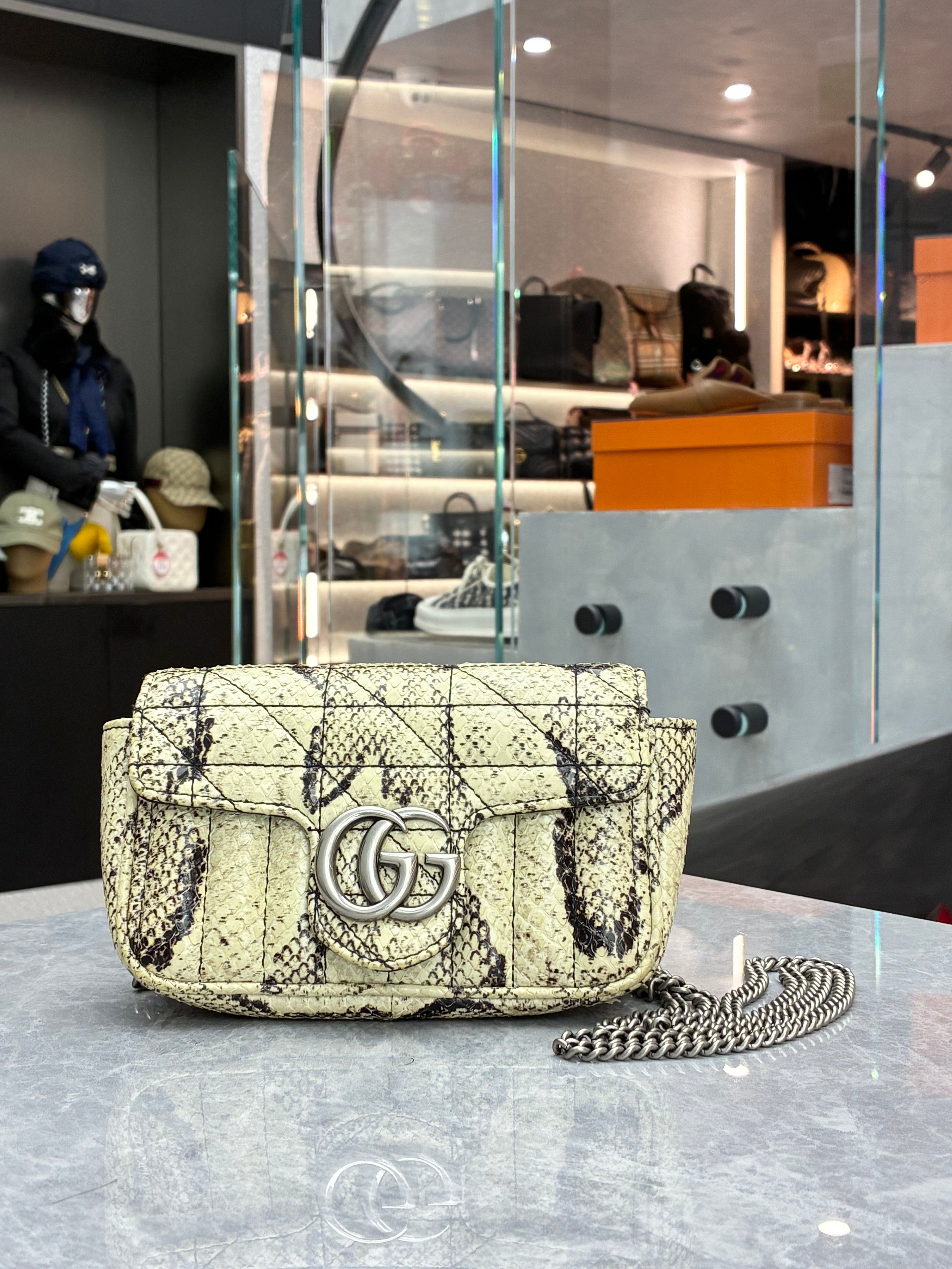 Gucci Mini Marmont natural python skin chain crossbody bag front view