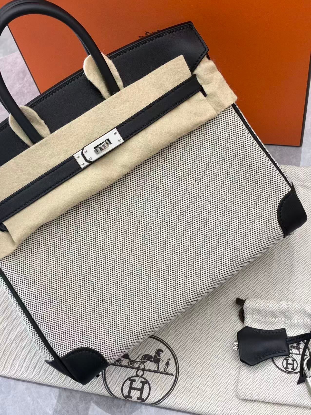 HERMÈS Birkin 25 Panda Toile canvas and palladium hardware detail