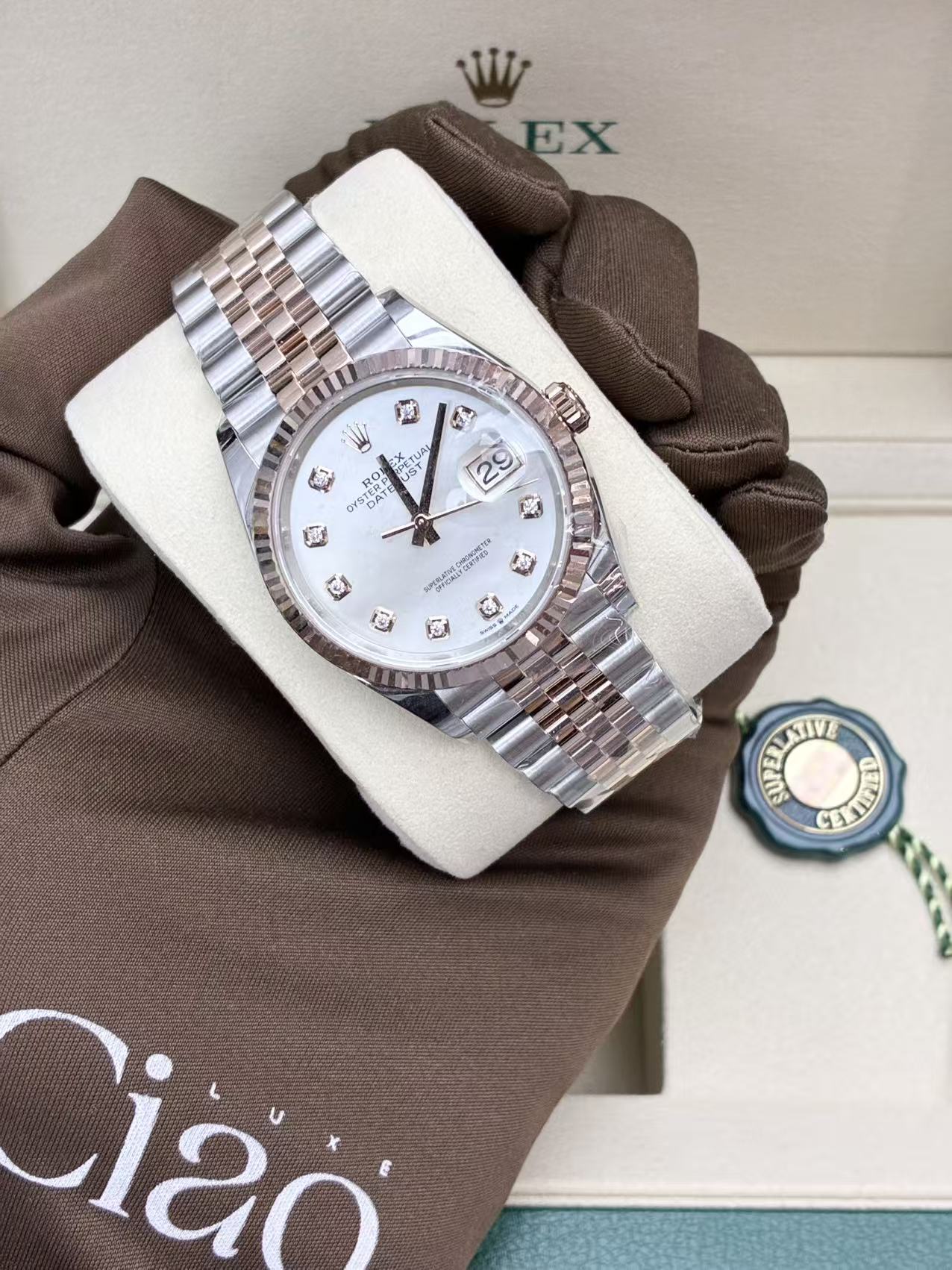 Rolex Datejust 36 126231-0021 mother-of-pearl diamond dial angled view