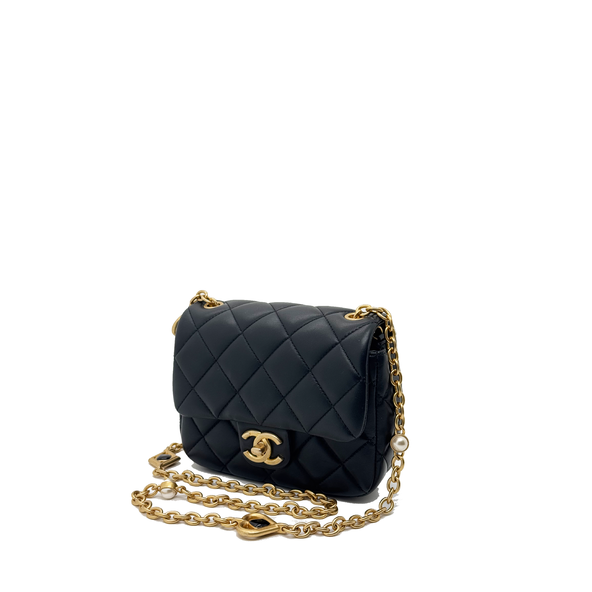 Chanel Black Quilted Lambskin Mini Rectangular Gemstone and Imitation Pearl Heart Chain Classic Single Flap Gold Hardware
