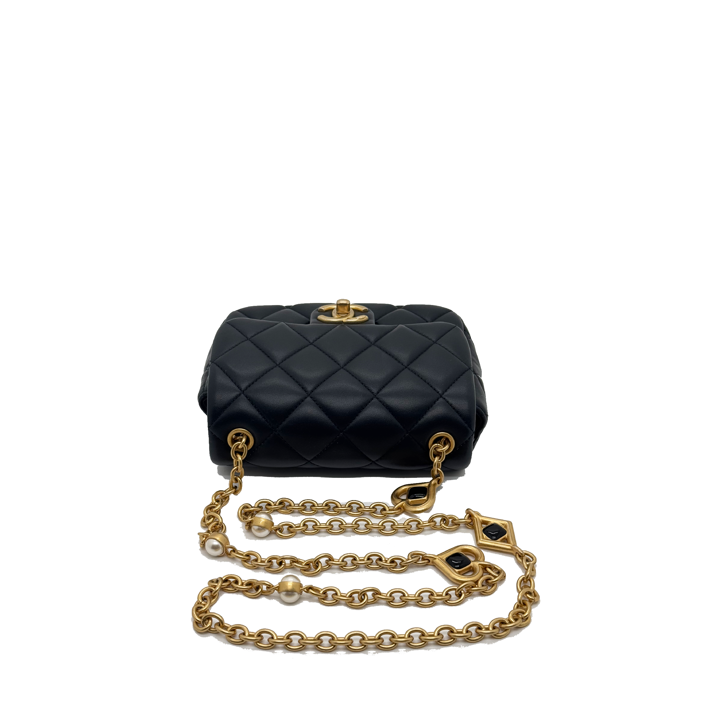 Chanel Black Quilted Lambskin Mini Rectangular Gemstone and Imitation Pearl Heart Chain Classic Single Flap Gold Hardware