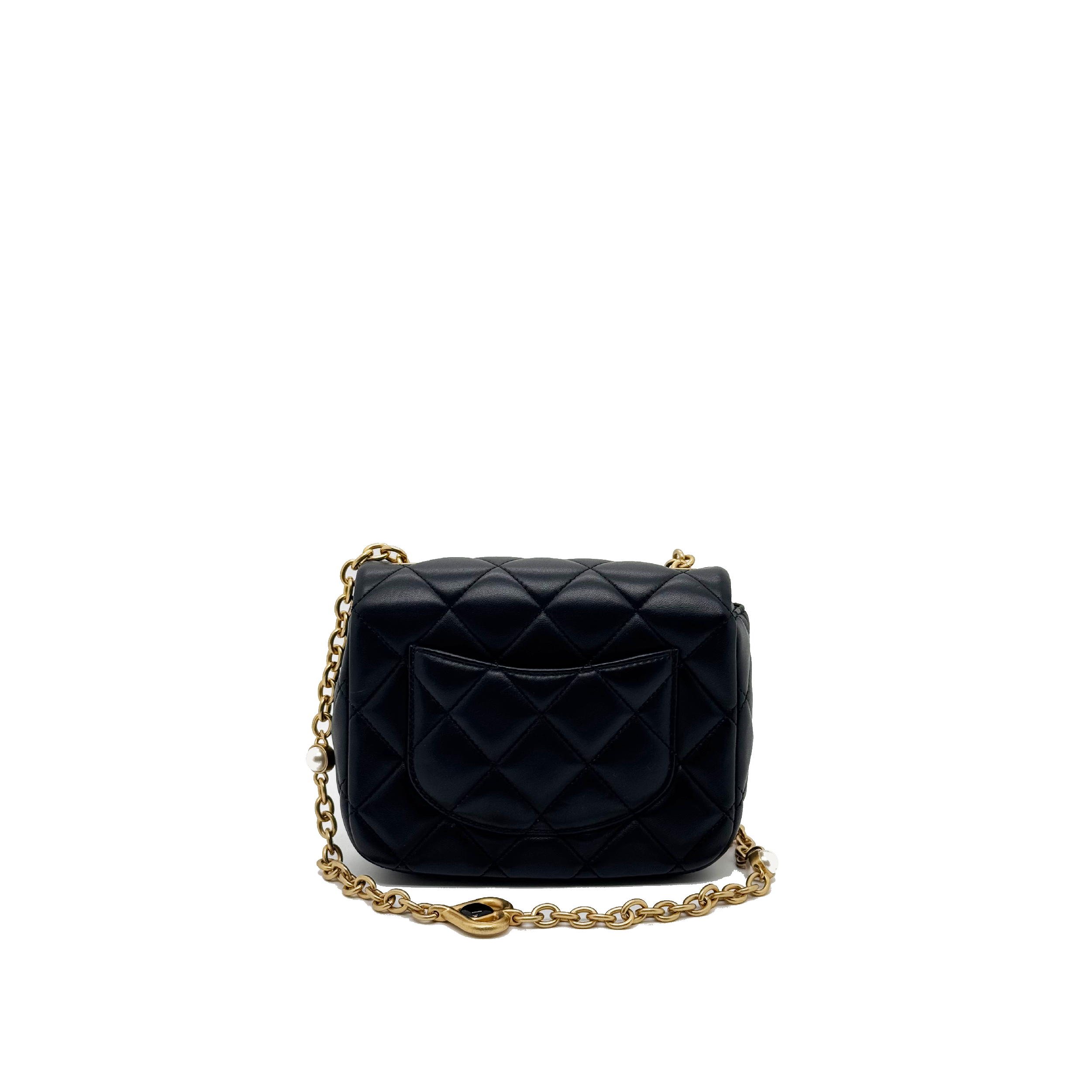 Chanel Black Quilted Lambskin Mini Rectangular Gemstone and Imitation Pearl Heart Chain Classic Single Flap Gold Hardware