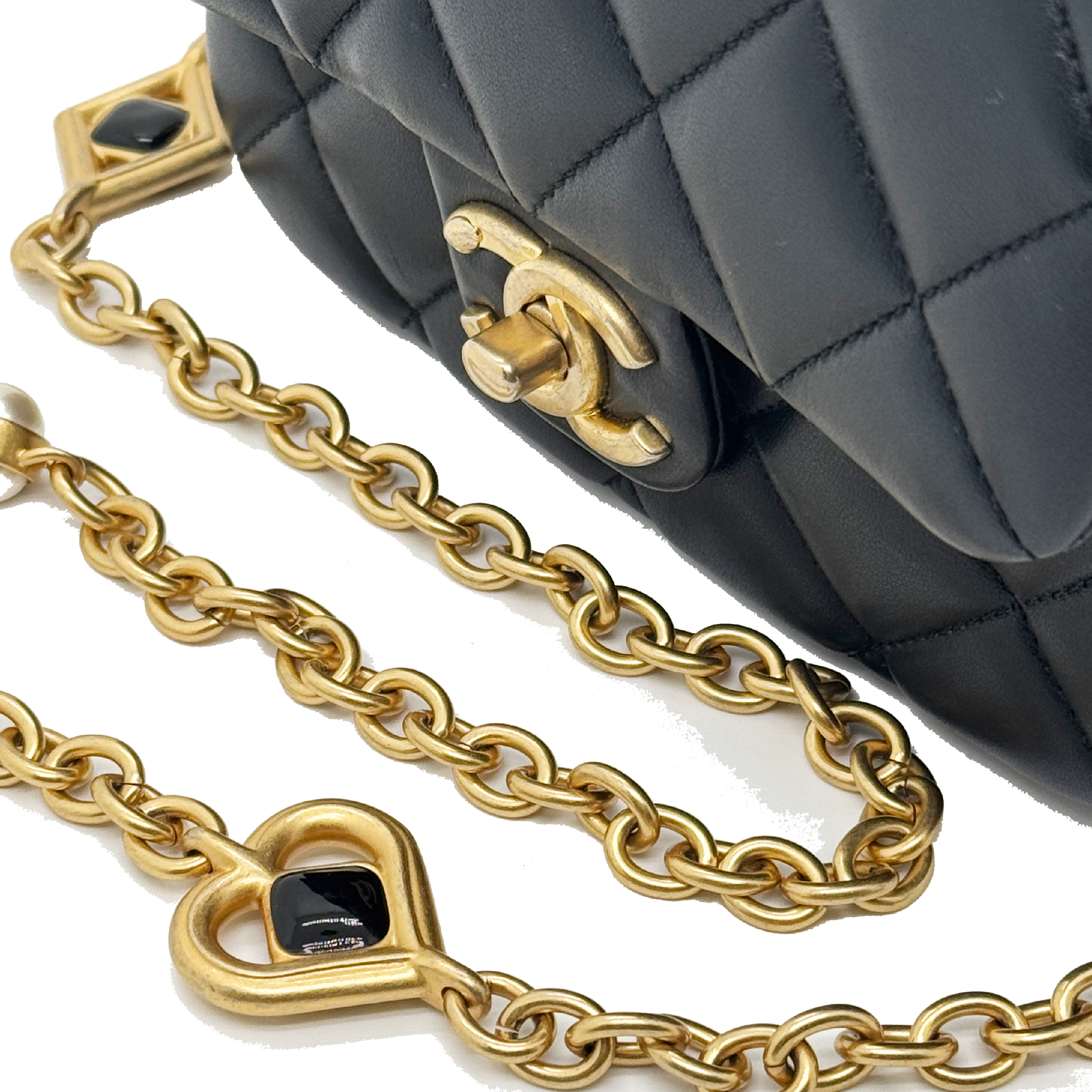Chanel Black Quilted Lambskin Mini Rectangular Gemstone and Imitation Pearl Heart Chain Classic Single Flap Gold Hardware