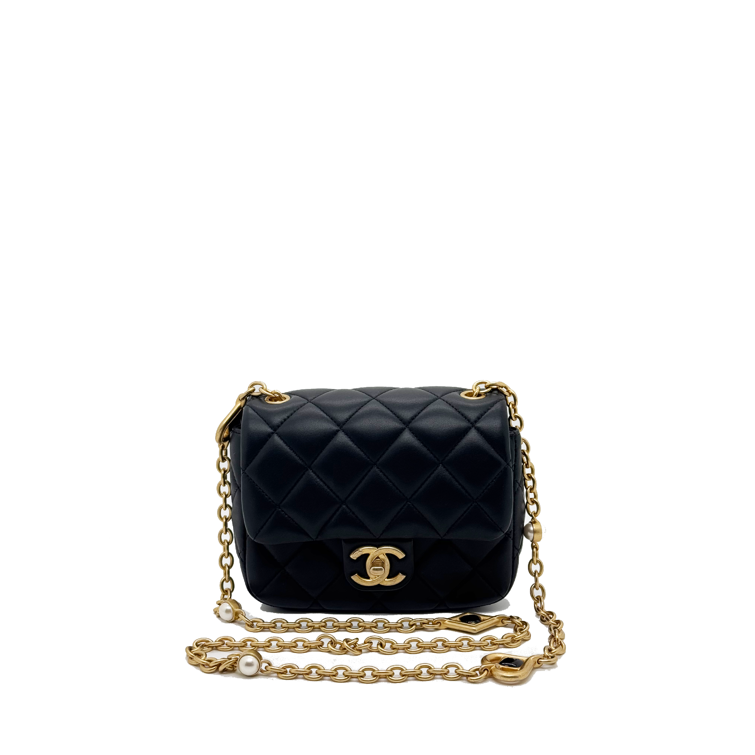 Chanel Black Quilted Lambskin Mini Rectangular Gemstone and Imitation Pearl Heart Chain Classic Single Flap Gold Hardware