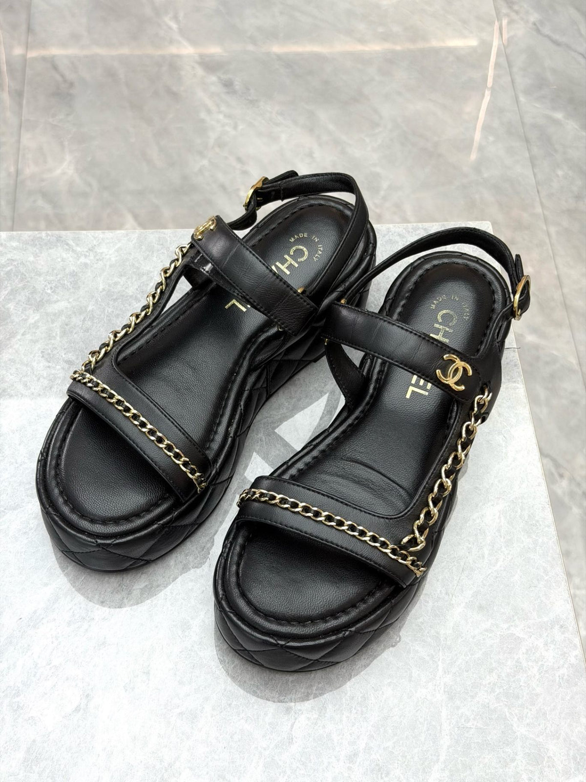 CHANEL 25P Chain Platform Sandals – Black Lambskin with Gold-Tone Chain and CC, EU 37, Good Pre-Owned