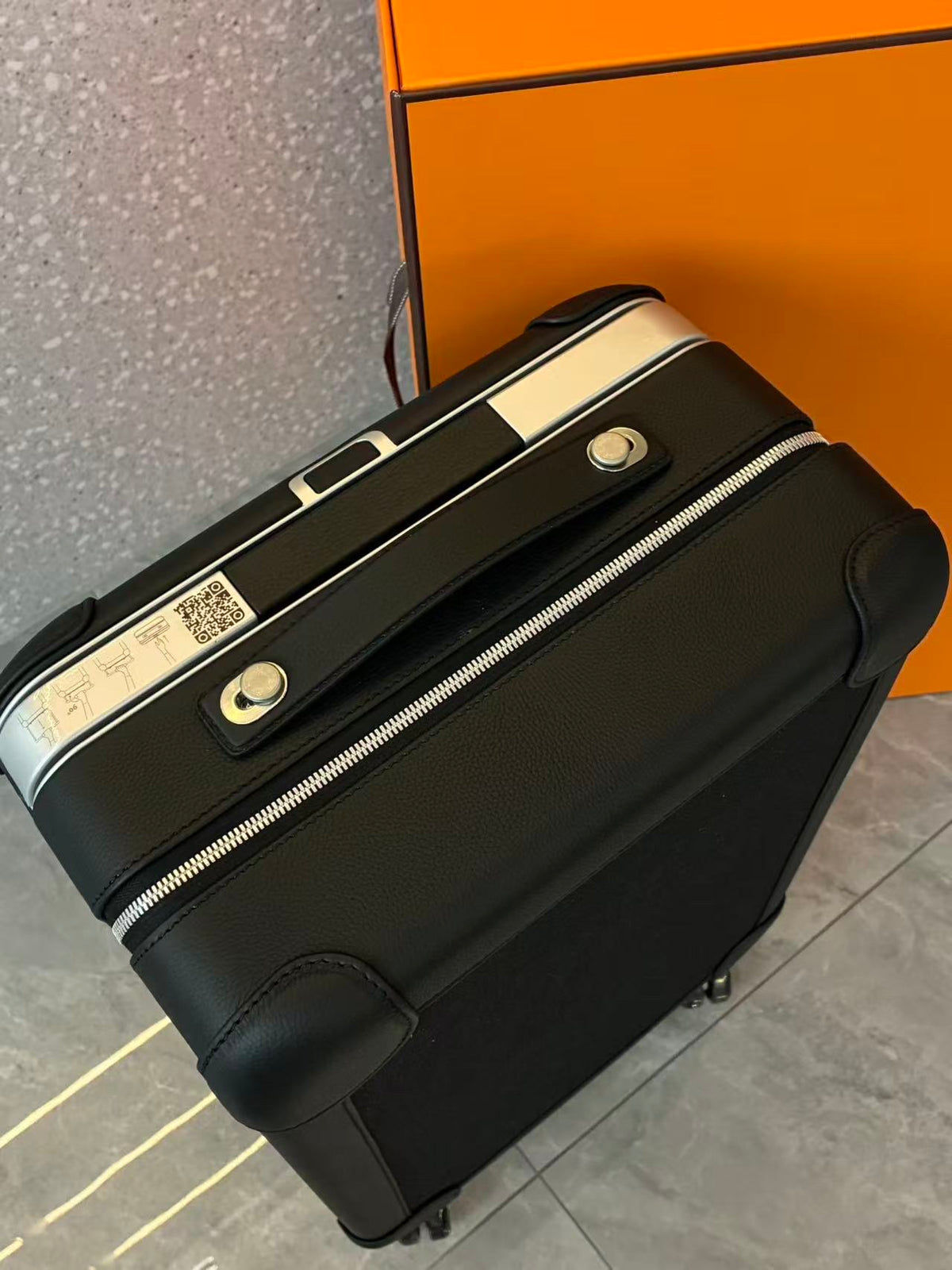 HERMÈS Carry-On Suitcase 20 – Black Leather and Canvas with Aluminium Frame, TSA Lock, Brand New