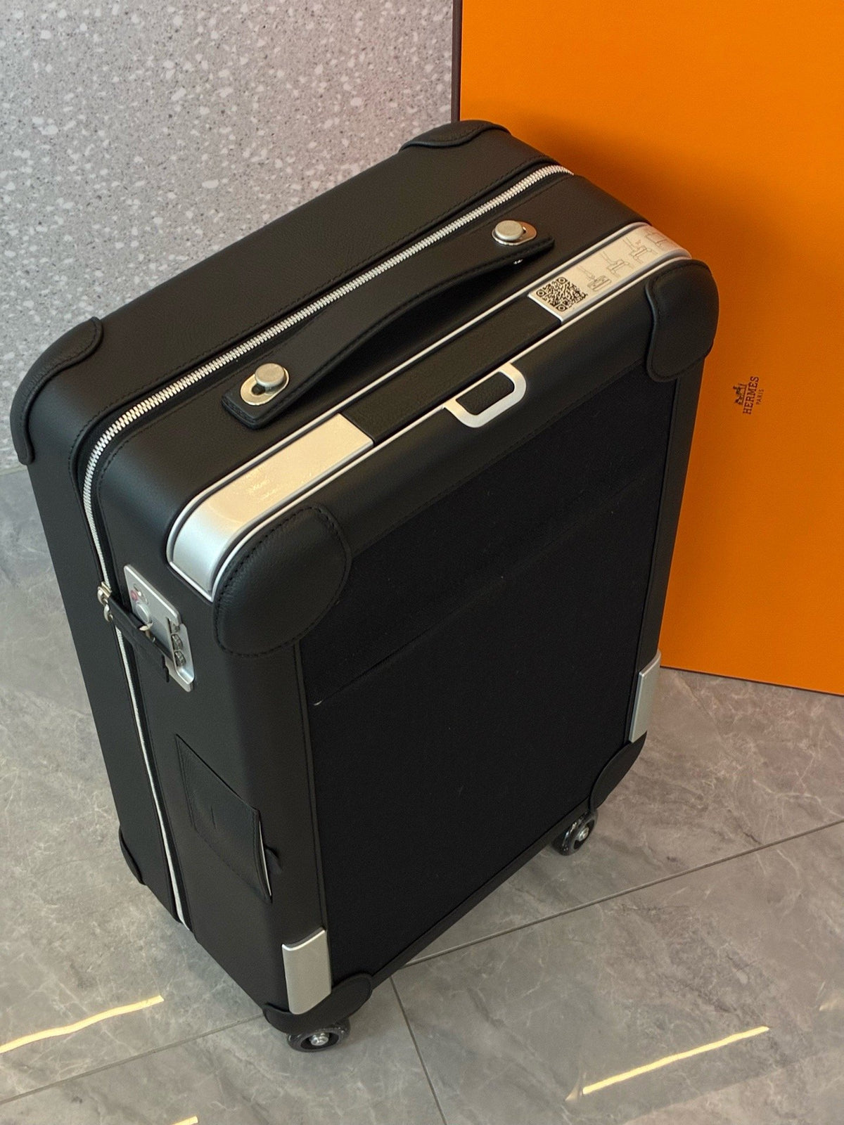 HERMÈS Carry-On Suitcase 20 – Black Leather and Canvas with Aluminium Frame, TSA Lock, Brand New