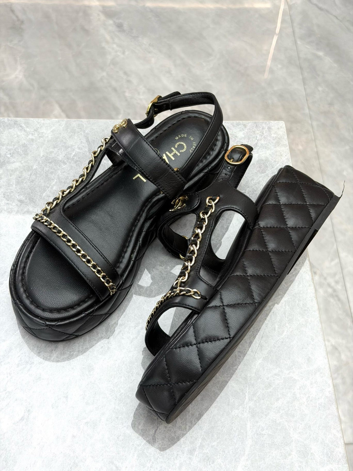 CHANEL 25P Chain Platform Sandals – Black Lambskin with Gold-Tone Chain and CC, EU 37, Good Pre-Owned