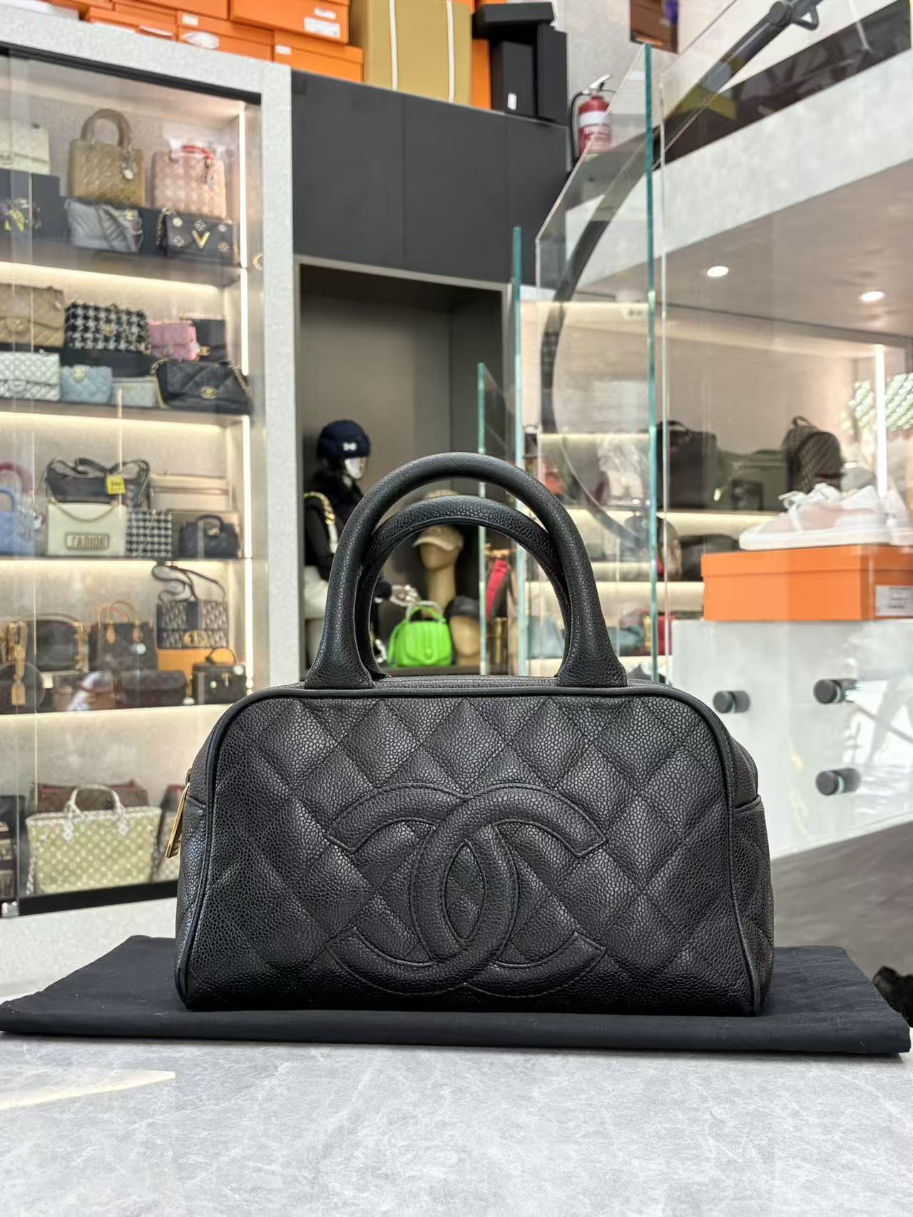 CHANEL Vintage Black Caviar Leather Boston Bag