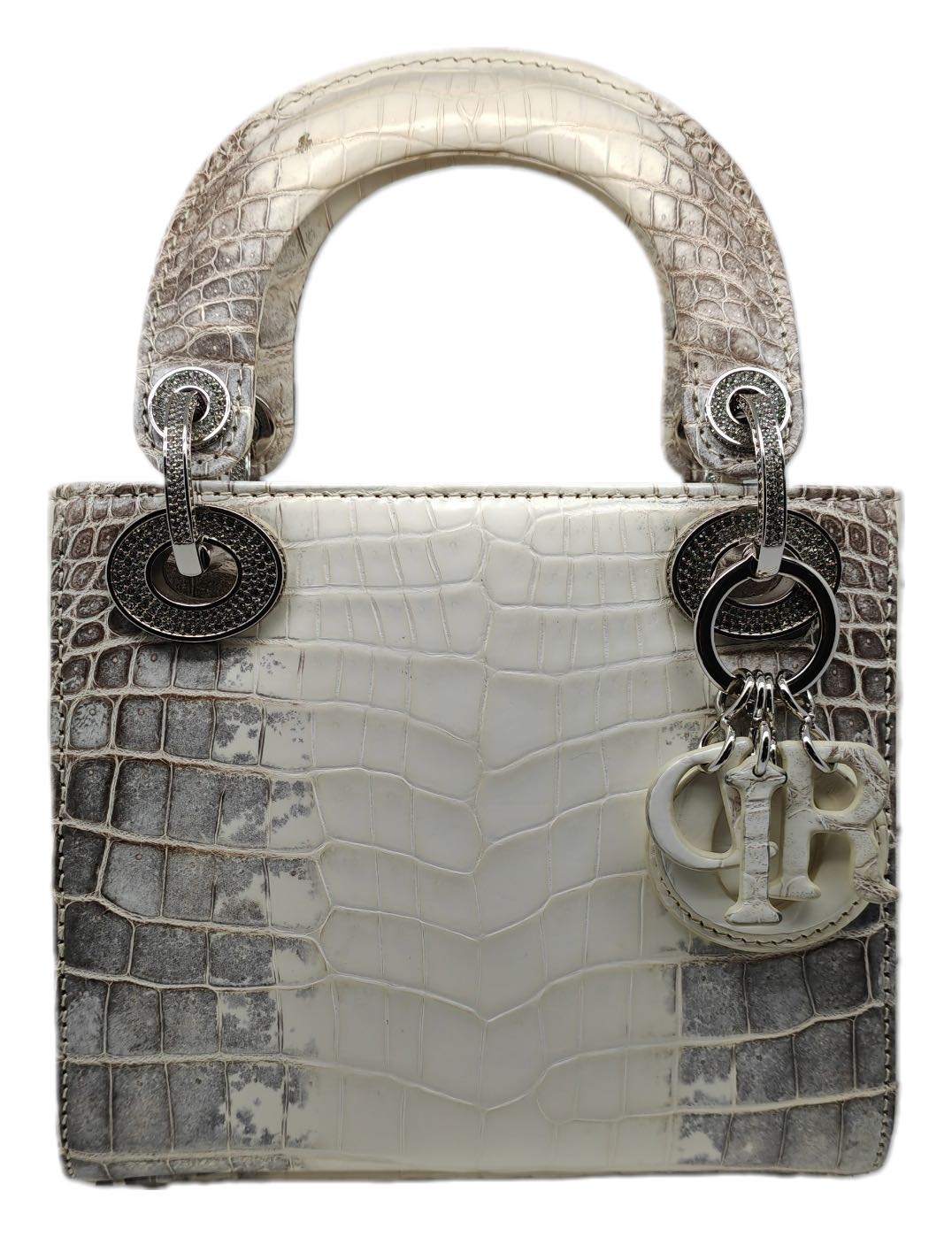 Christian Dior small Lady Dior Himalayan Crocodile with crystal hardware (White/ Grey)