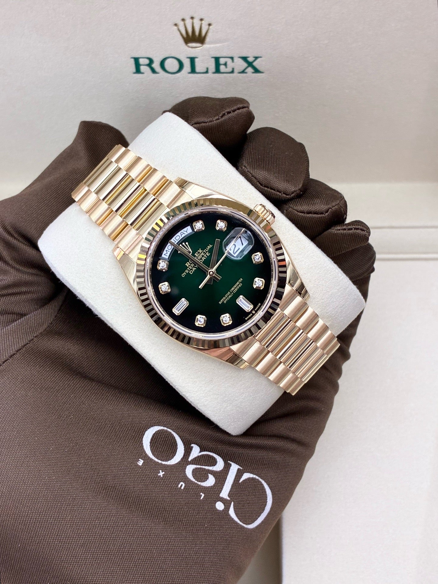 Rolex Day-Date 36 yellow gold watch with a green ombré diamond dial