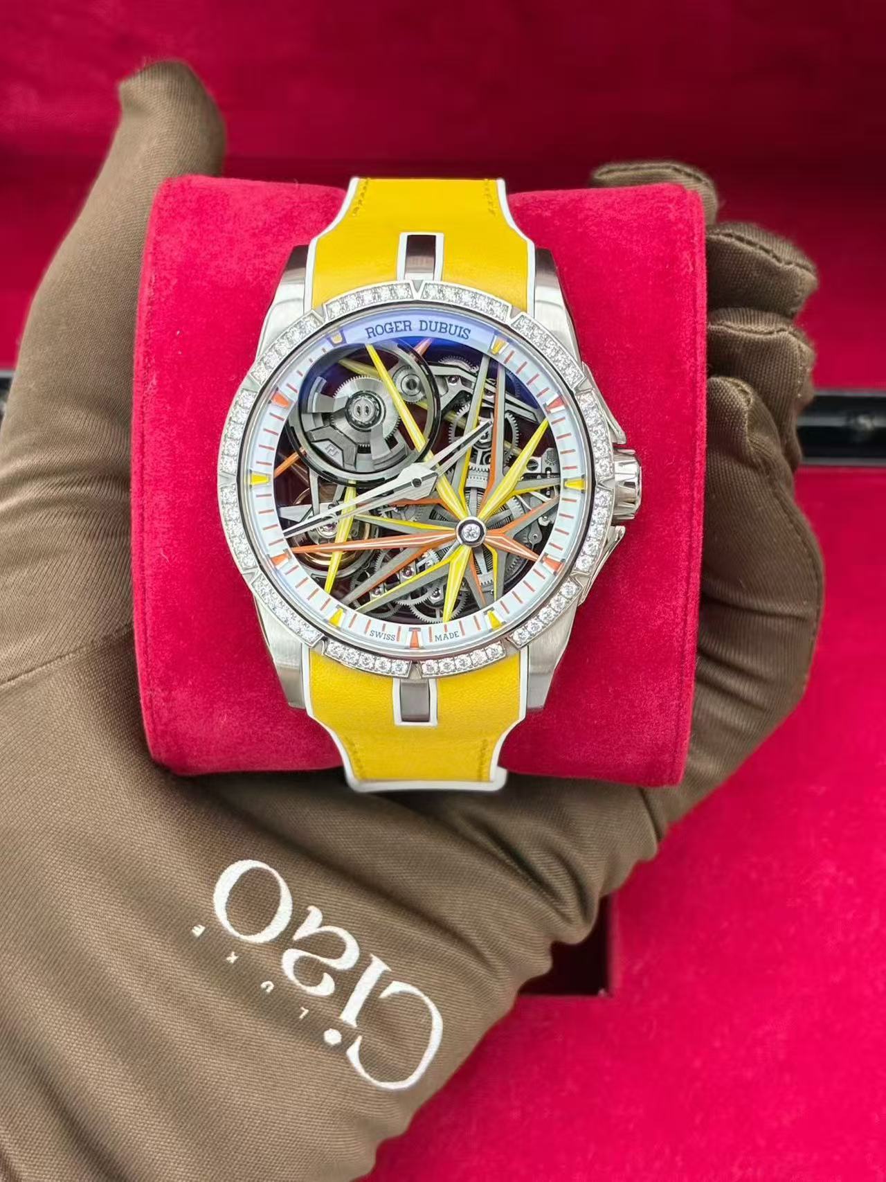 Roger Dubuis Excalibur Monobalancier Blacklight white gold watch featuring a diamond-set bezel and yellow rubber strap