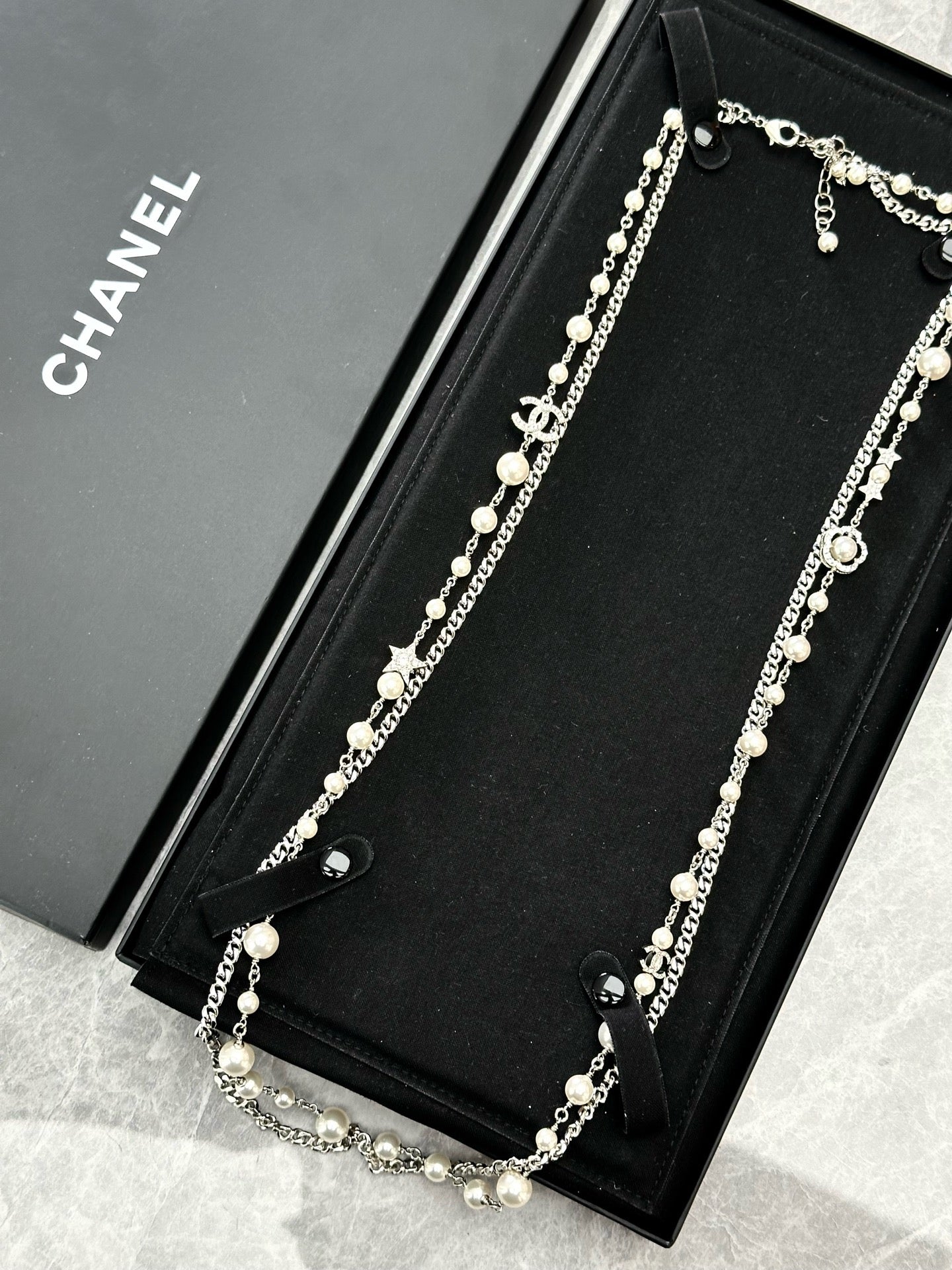 Chanel Pearl Rhinestone Flower Star Long Necklace