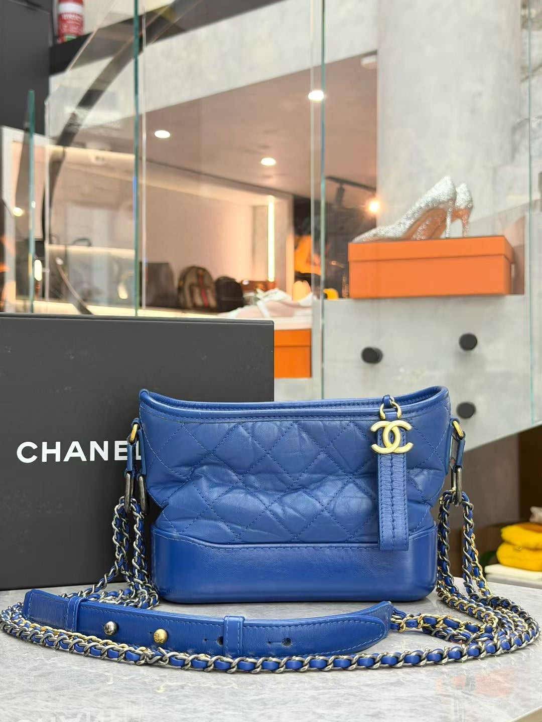 Chanel Gabrielle Small blue Hobo bag made of quilted aged calfskin with mixed hardware