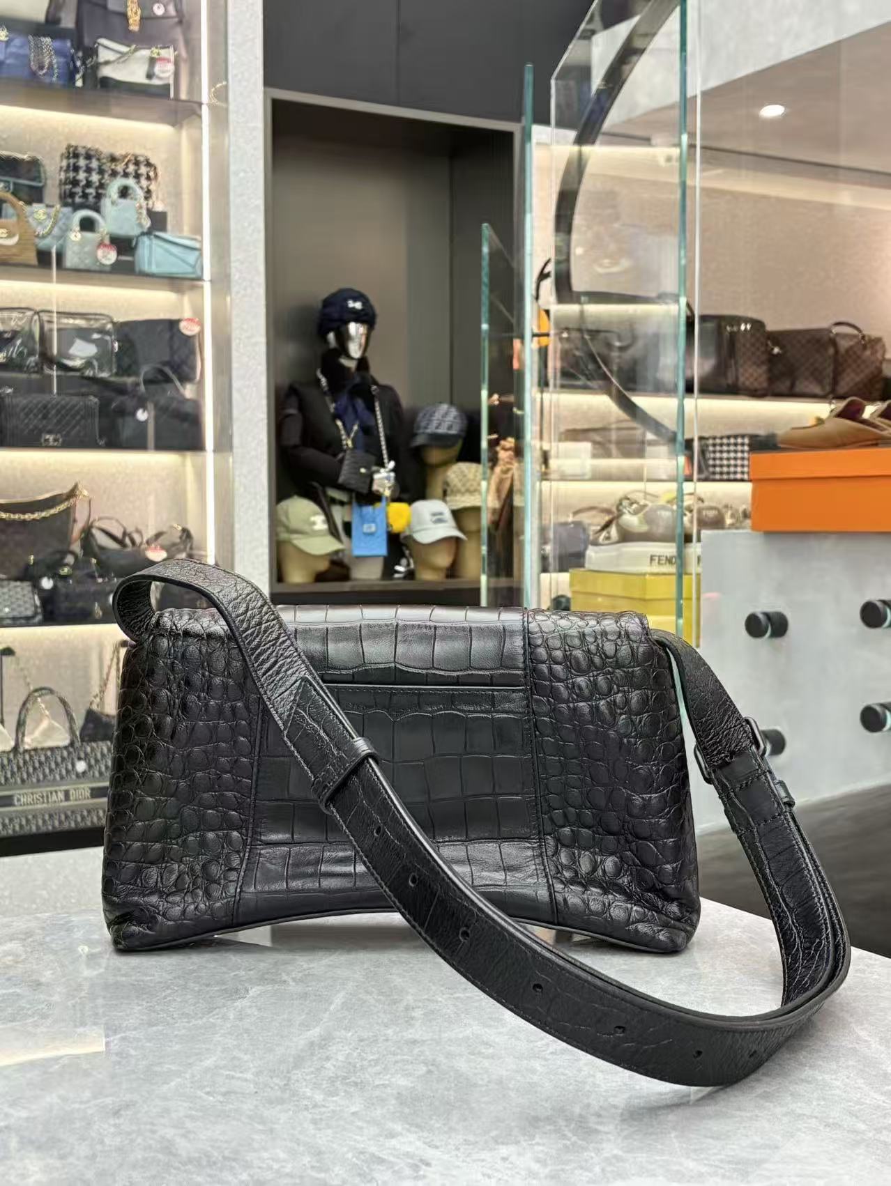 Balenciaga Downtown Small Shoulder Bag in black crocodile-embossed calfskin leather