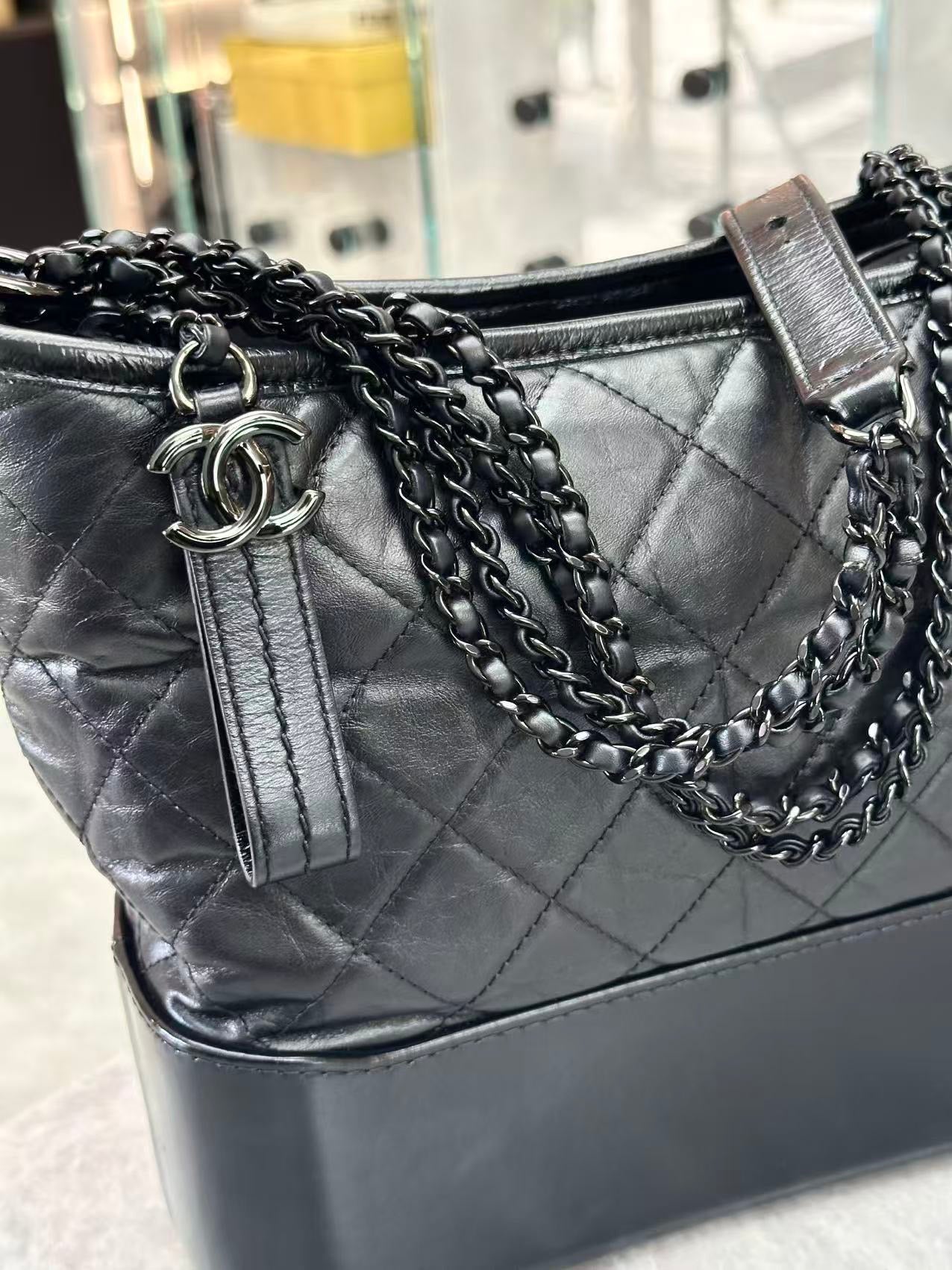 Chanel Gabrielle hobo bag in quilted aged calfskin with black hardware